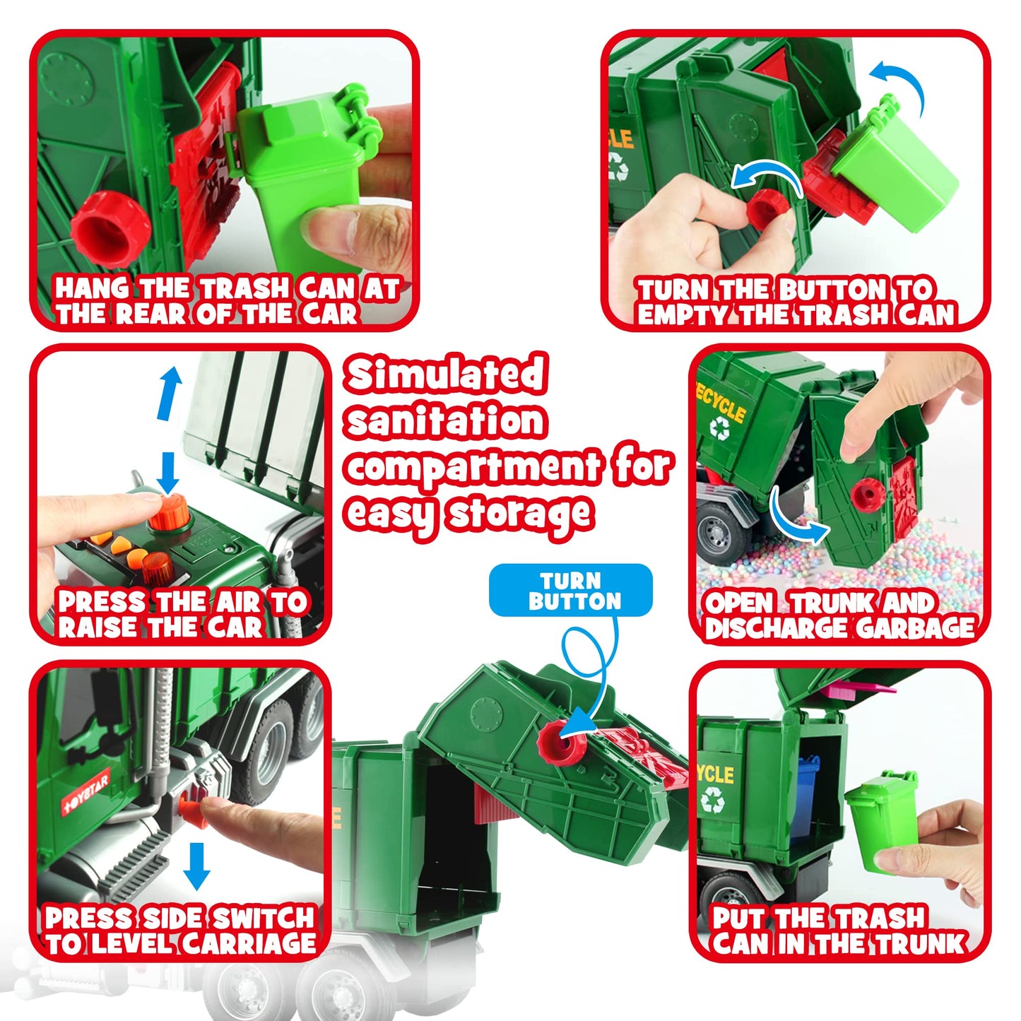 Dwi Dowellin 15-inch Friction Garbage Truck Toy – Lights & Sounds, 3 Rear Loaders, Gift for Ages 3+