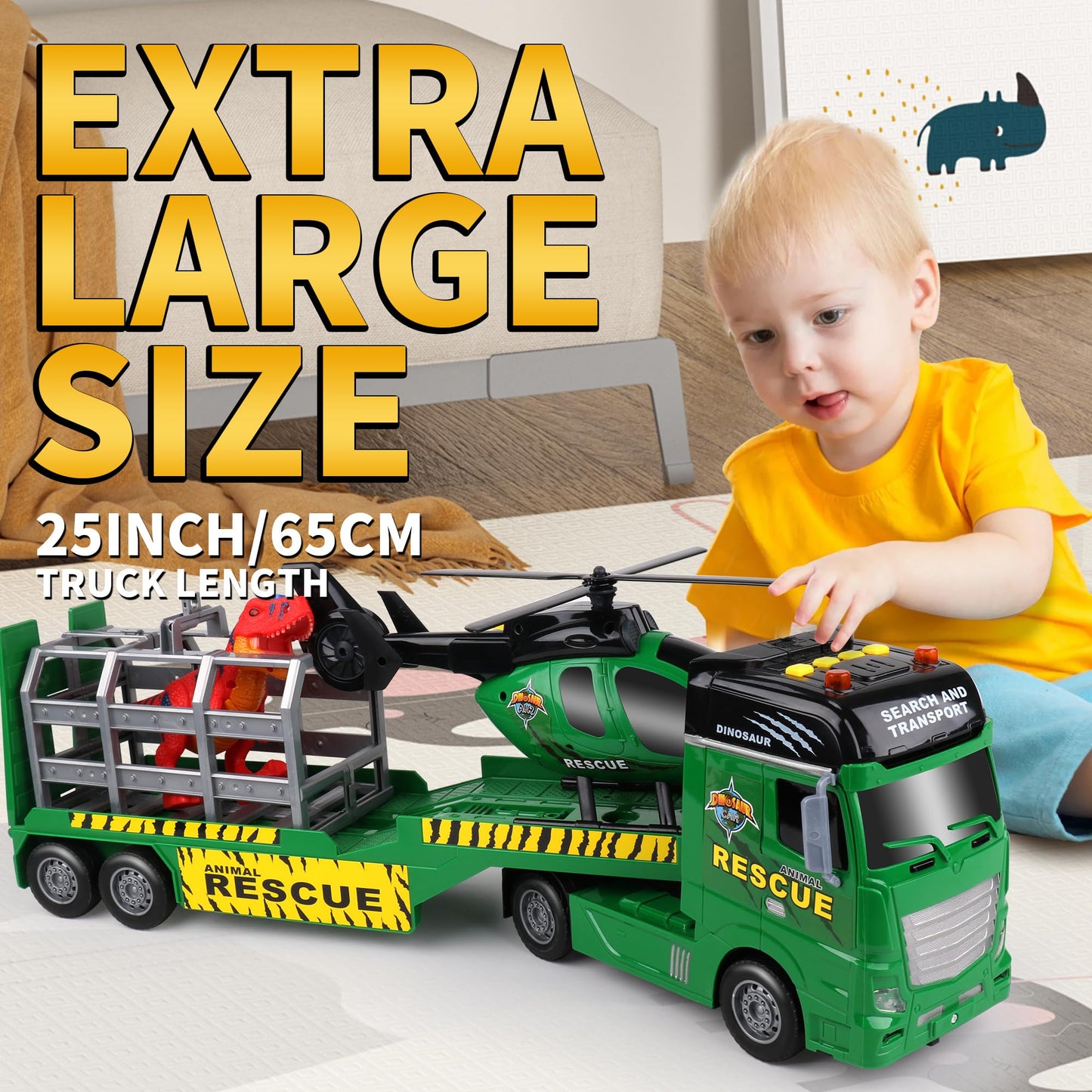 Dwi Dowellin Carrier Truck Toy – 25.6 Inch Semi Truck with Helicopter & Dinosaurs for Ages 3-6+