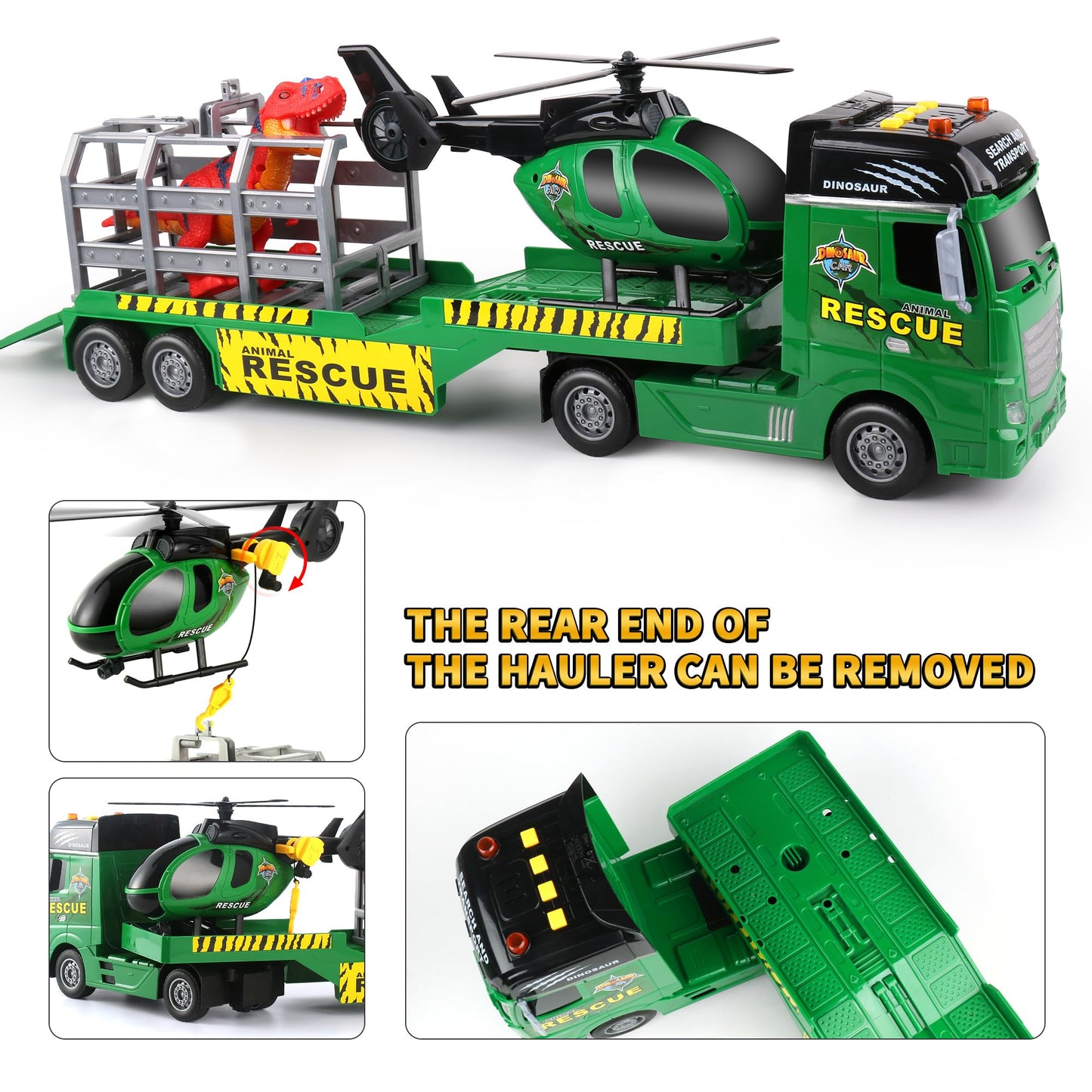 Dwi Dowellin Carrier Truck Toy – 25.6 Inch Semi Truck with Helicopter & Dinosaurs for Ages 3-6+