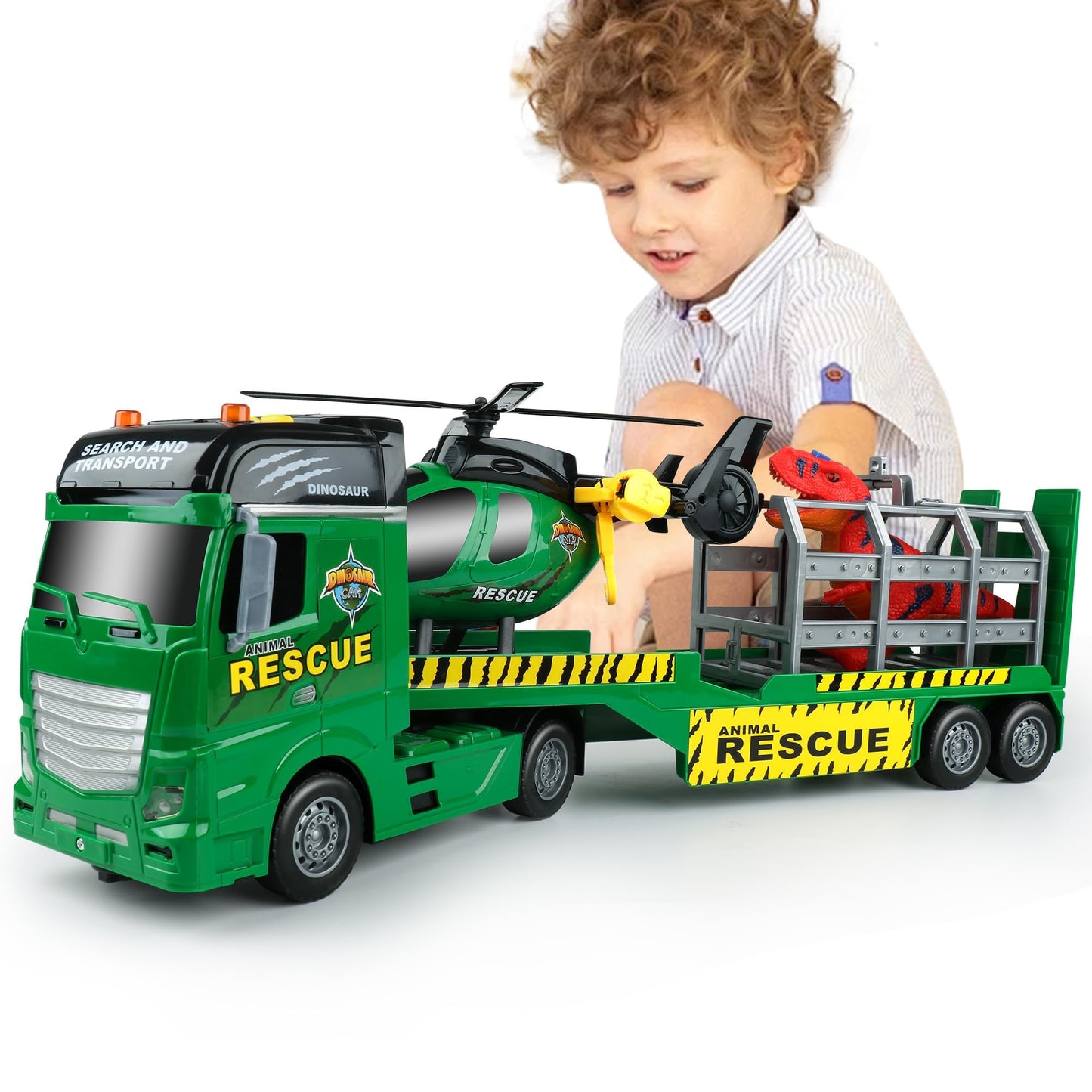 Dwi Dowellin Carrier Truck Toy – 25.6 Inch Semi Truck with Helicopter & Dinosaurs for Ages 3-6+