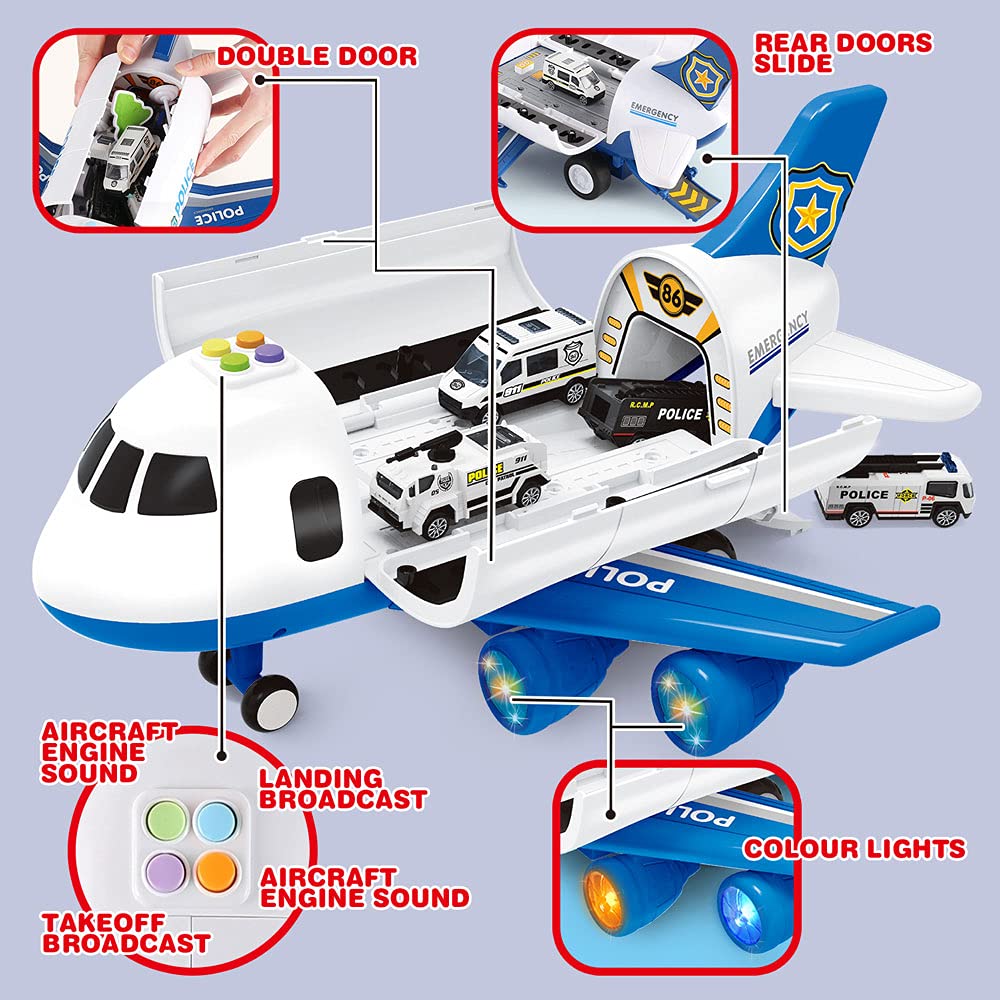 Dwi Dowellin 20-in-1 Toddler Car Toy Set: Police Cars, Carrier Plane & Play Mat