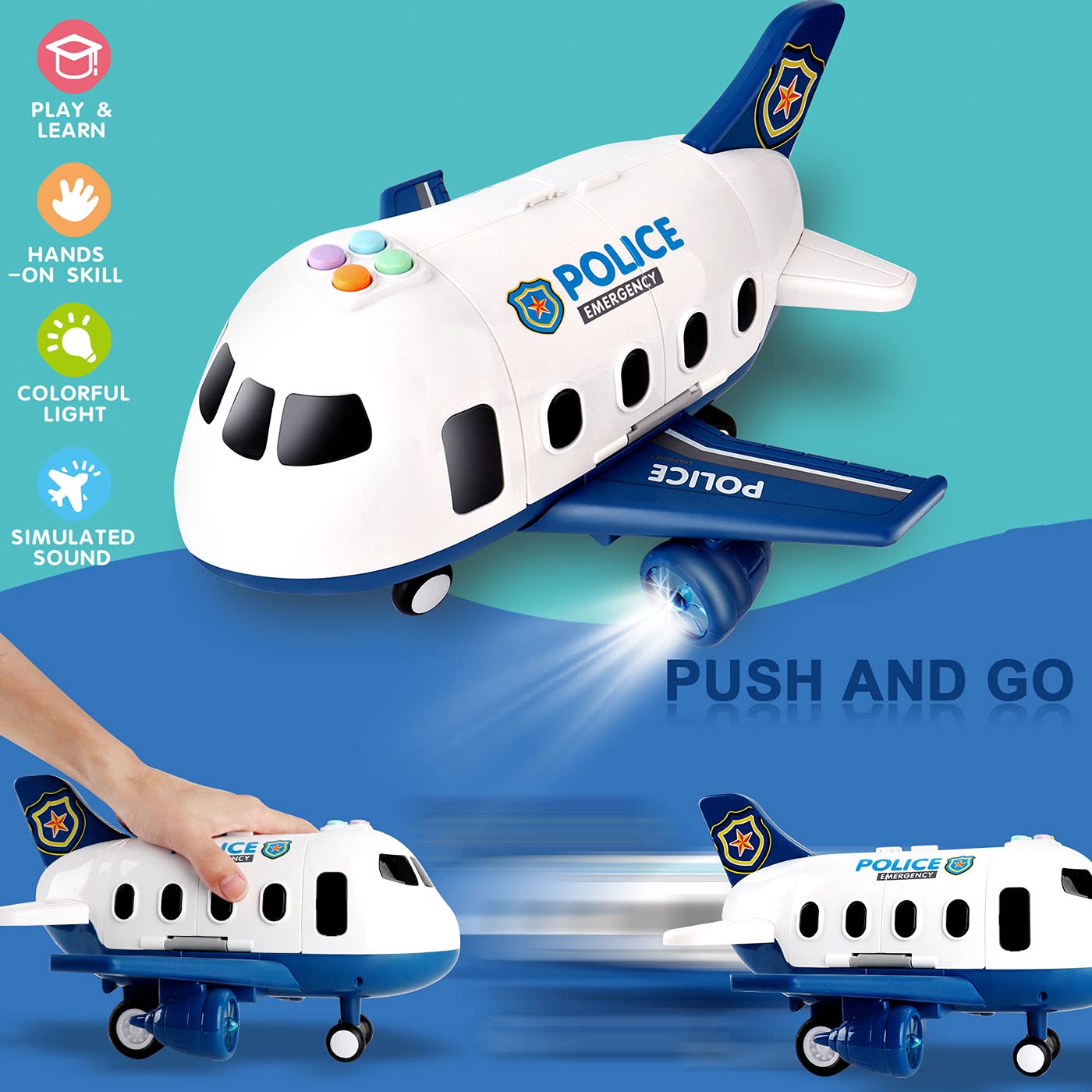 Dwi Dowellin 5-in-1 Airplane Toys with Light & Sound | Police Car Toys & Activity Mat for Kids 3-6