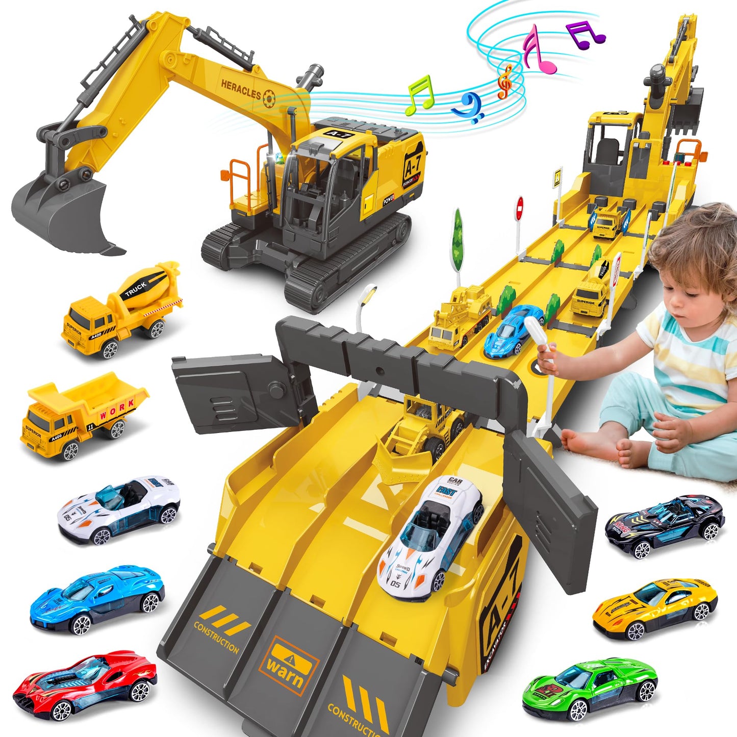 Dwi Dowellin Excavator Toy Set – 6 Metal Racing Cars, 2 Engineering Vehicles, Foldable Ejection Vehicle with Lights & Sound