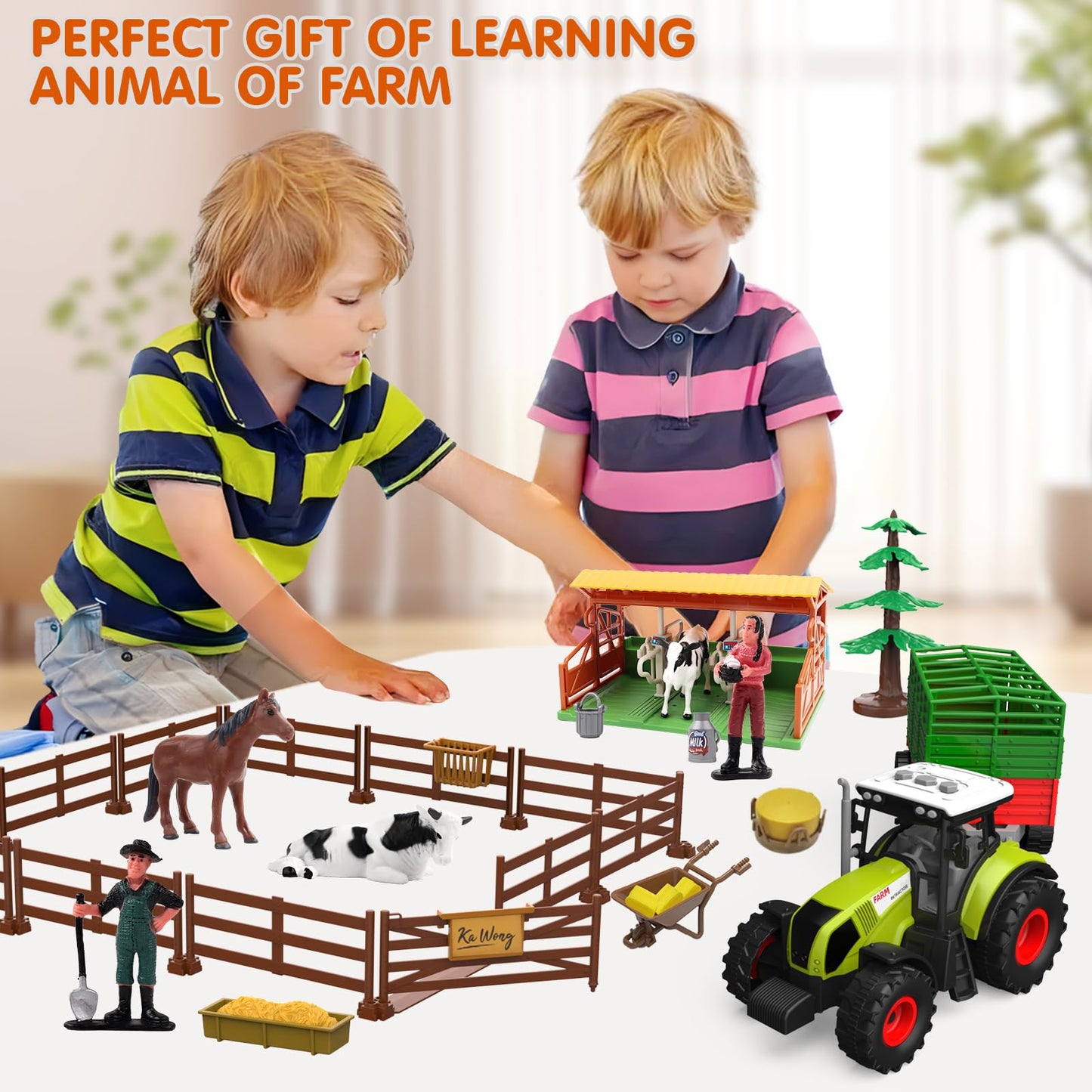 Dwi Dowellin Farm Animal Toys Set – 69-Piece Farm Playset with Tractor and Trailer for Kids 3-12
