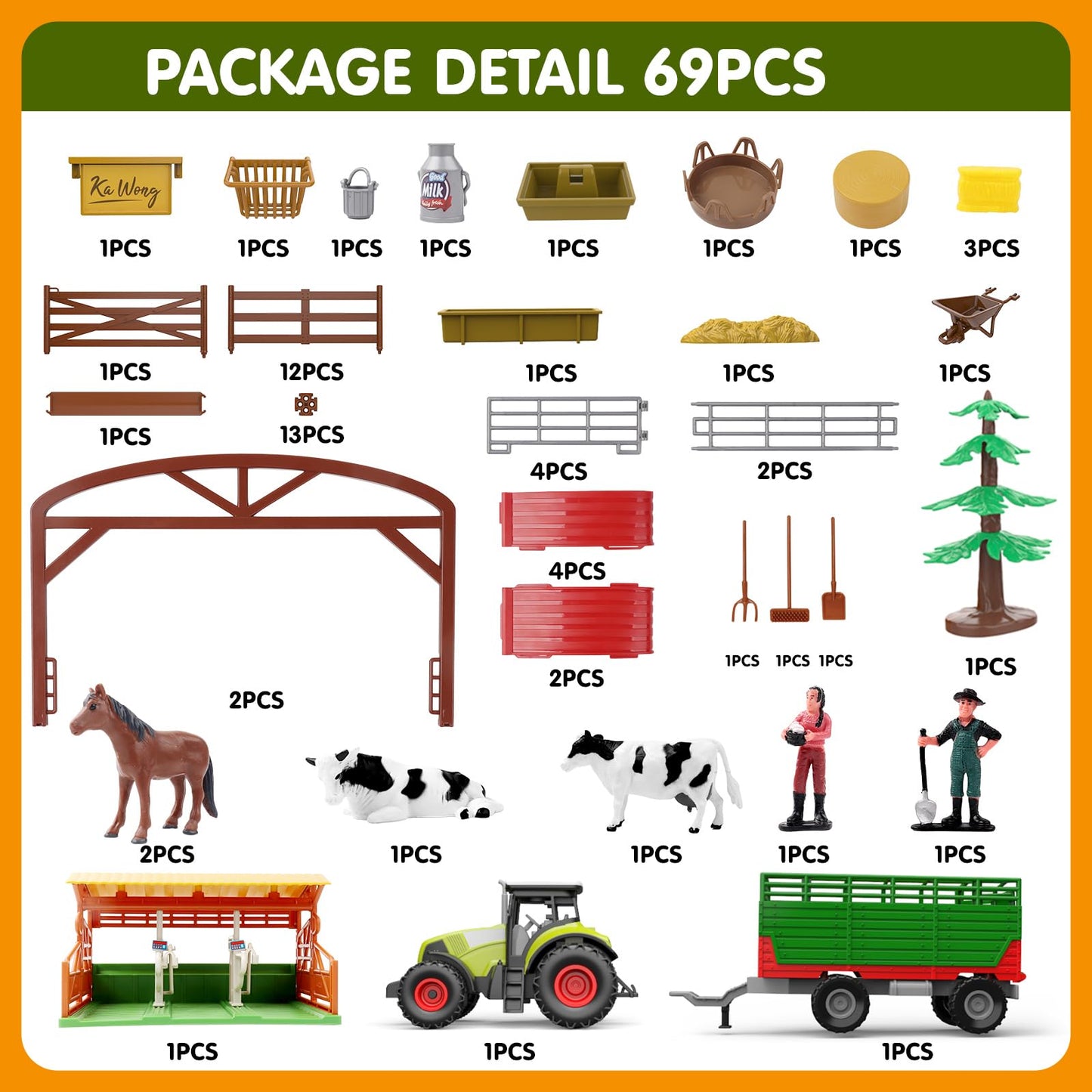 Dwi Dowellin Farm Animal Toys Set – 69-Piece Farm Playset with Tractor and Trailer for Kids 3-12
