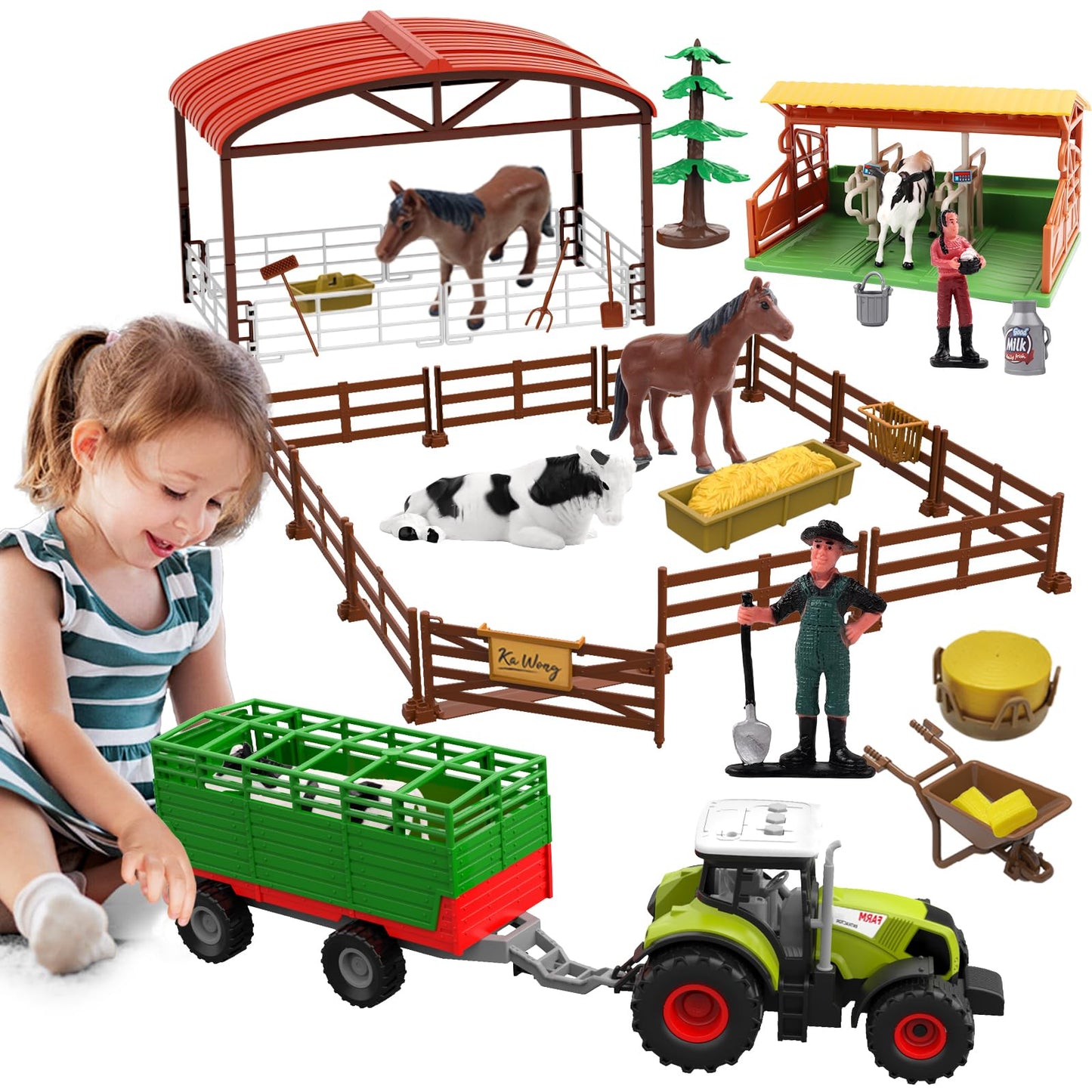 Dwi Dowellin Farm Animal Toys Set – 69-Piece Farm Playset with Tractor and Trailer for Kids 3-12