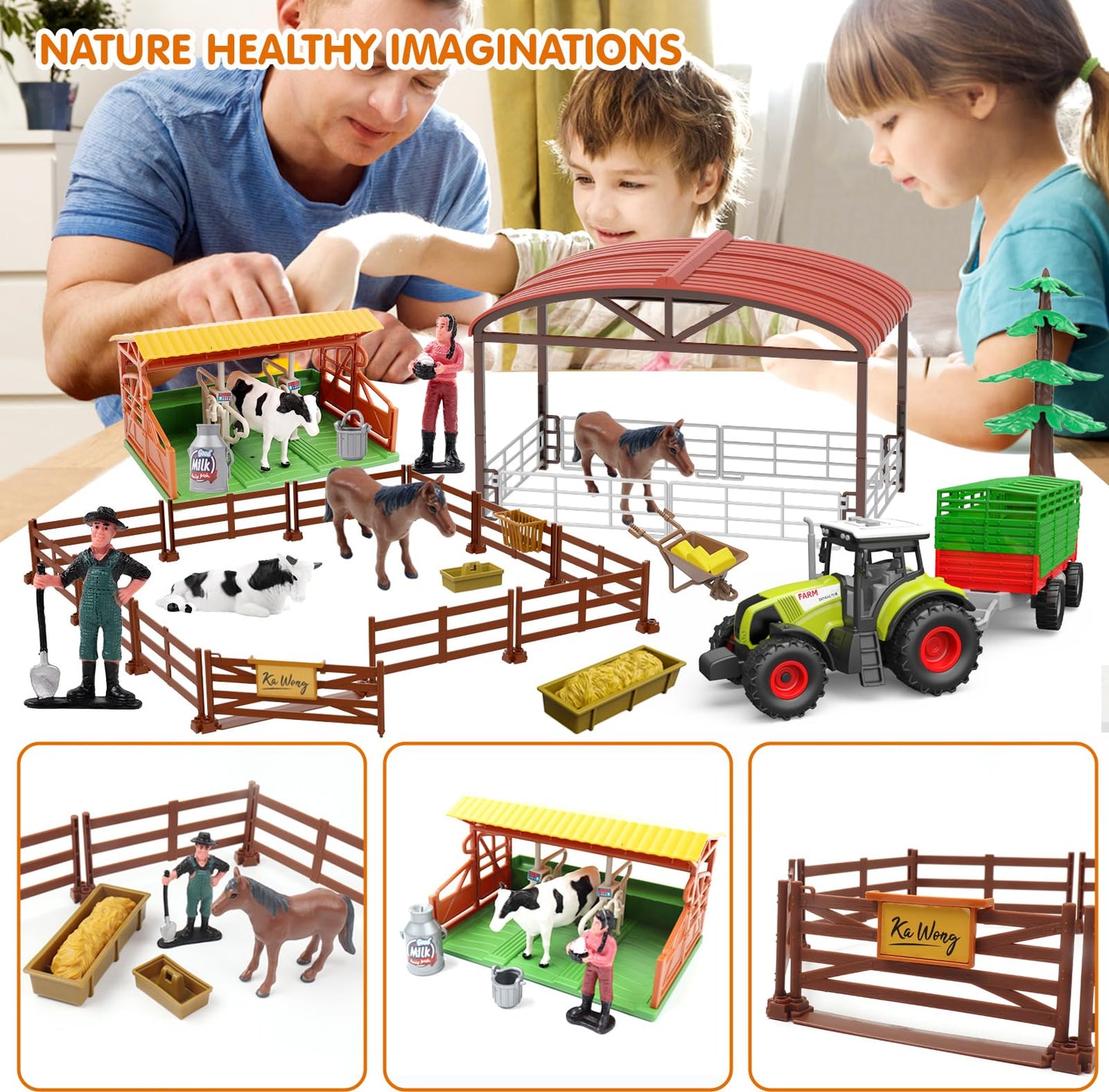 Dwi Dowellin Farm Animal Toys Set – 69-Piece Farm Playset with Tractor and Trailer for Kids 3-12