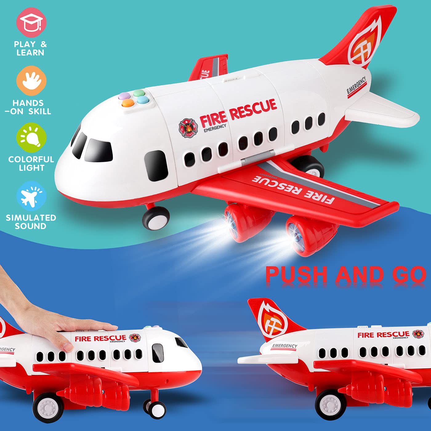Dwi Dowellin Airplane Toy Playset with Fire Trucks, Lights & Sounds – 3+ Years