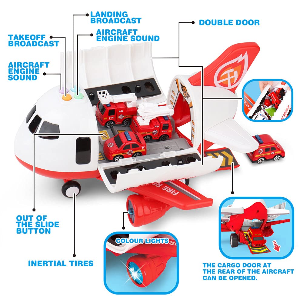 Dwi Dowellin Airplane Toys with Fire Trucks – Light Up Plane, Sounds & Play Mat (Ages 3–6)