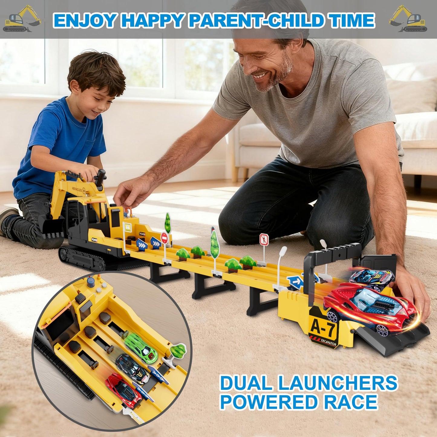 Dwi Dowellin Excavator Toy Set – 6 Metal Racing Cars, 2 Engineering Vehicles, Foldable Ejection Vehicle with Lights & Sound