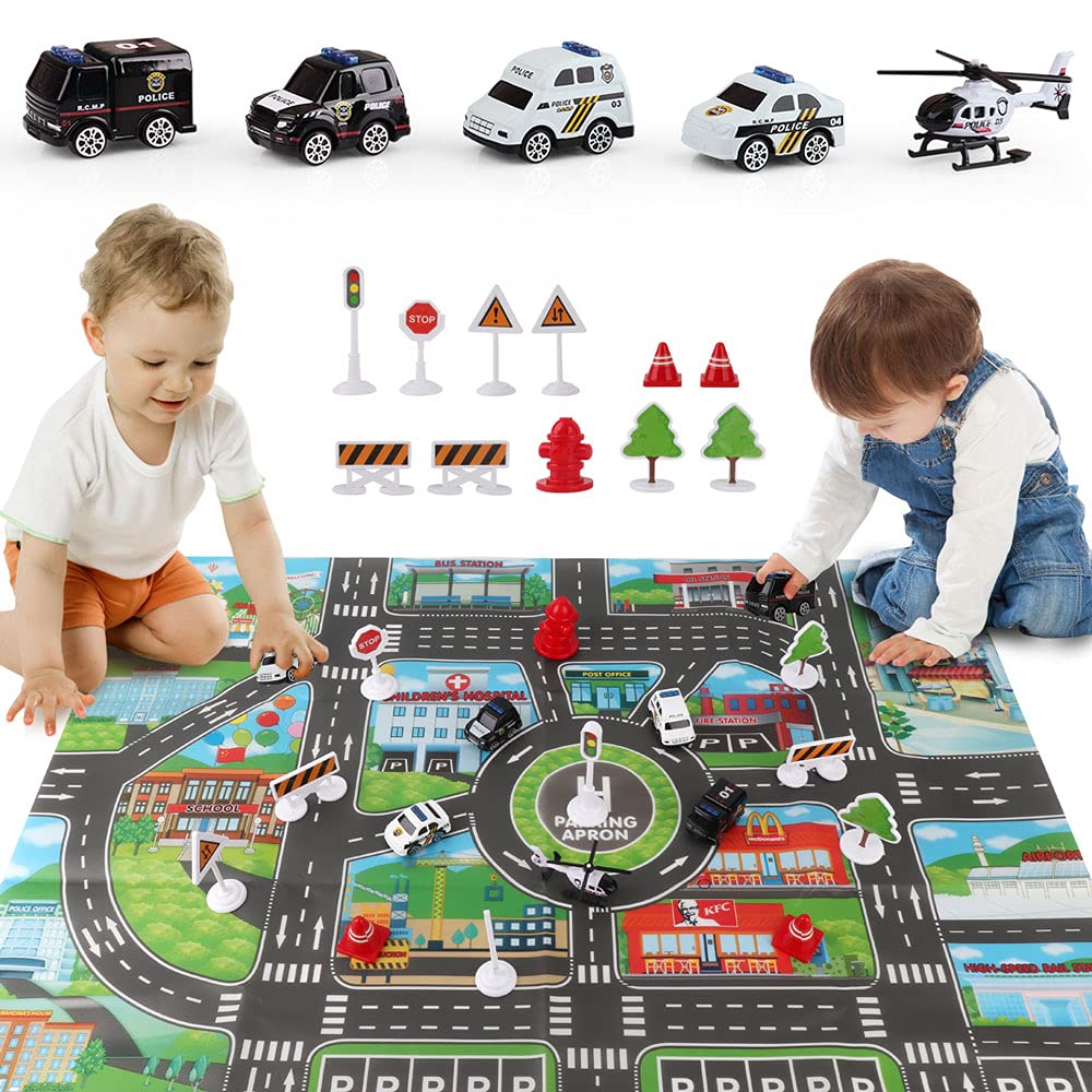 Dwi Dowellin 5-in-1 Airplane Toys with Light & Sound | Police Car Toys & Activity Mat for Kids 3-6