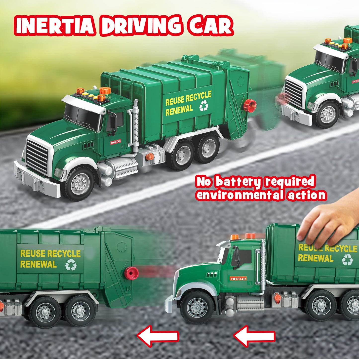 Dwi Dowellin 15-inch Friction Garbage Truck Toy – Lights & Sounds, 3 Rear Loaders, Gift for Ages 3+