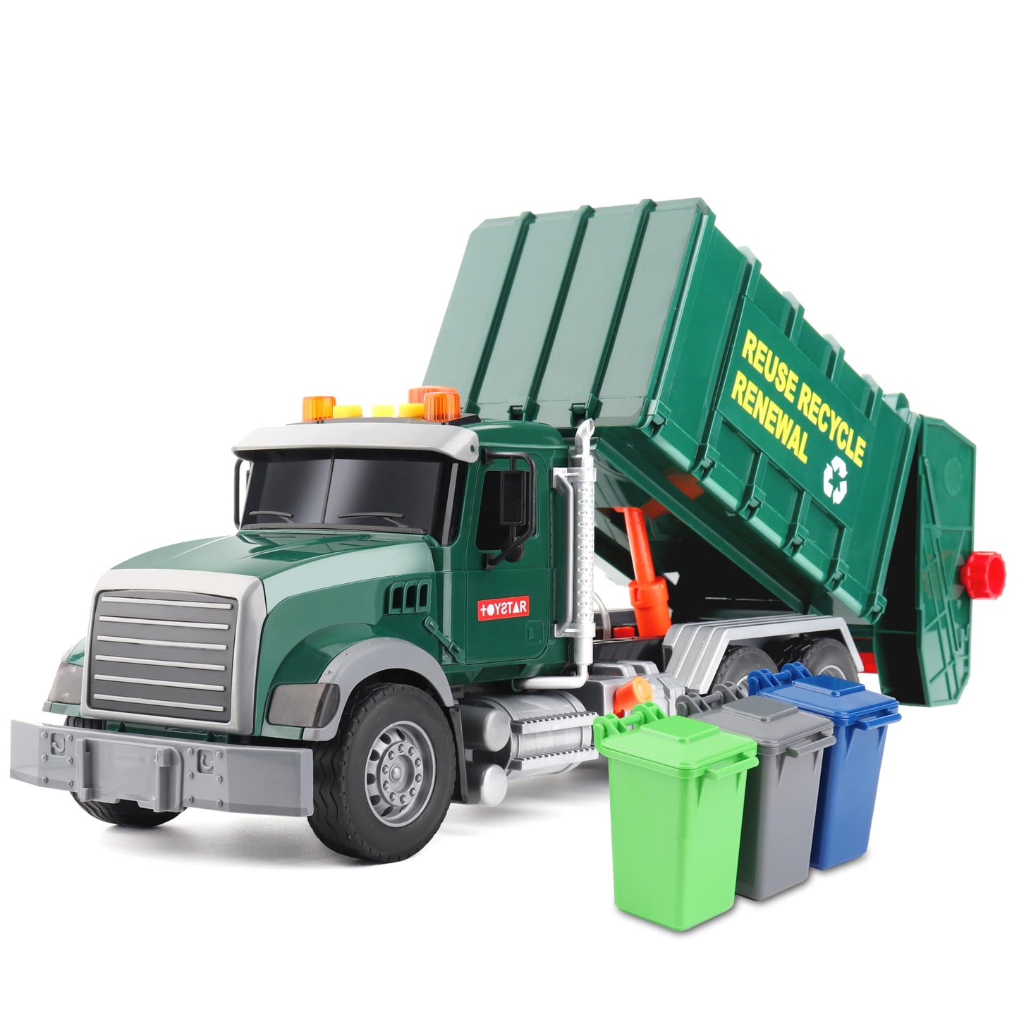 Dwi Dowellin 15-inch Friction Garbage Truck Toy – Lights & Sounds, 3 Rear Loaders, Gift for Ages 3+