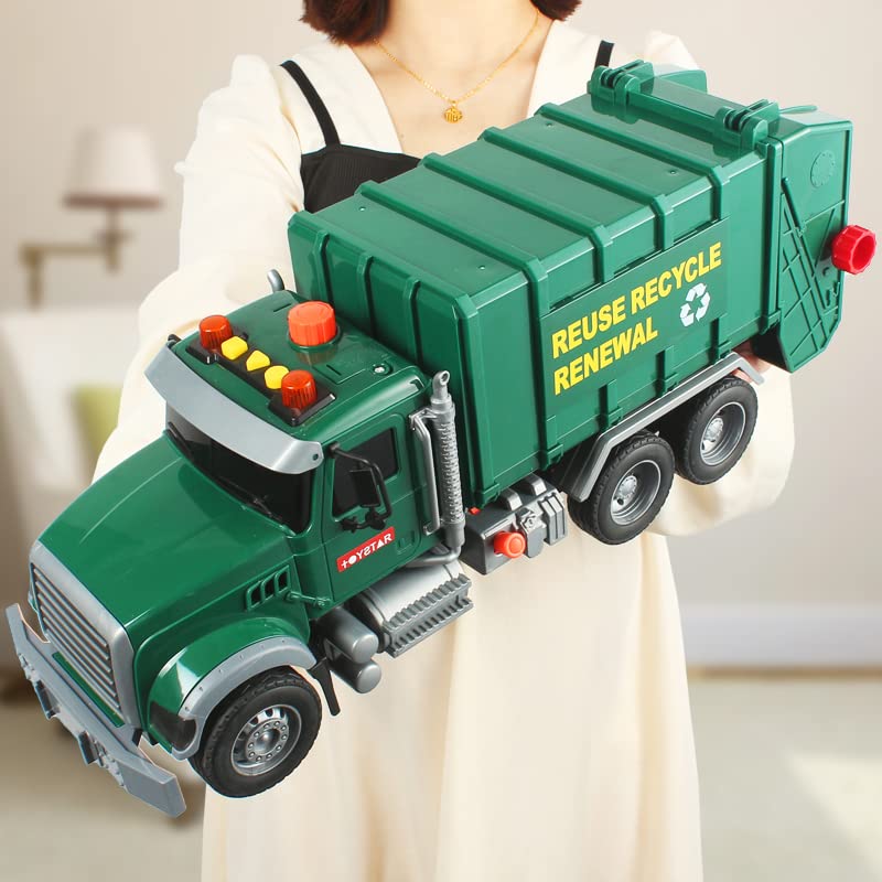 Dwi Dowellin 15-inch Friction Garbage Truck Toy – Lights & Sounds, 3 Rear Loaders, Gift for Ages 3+