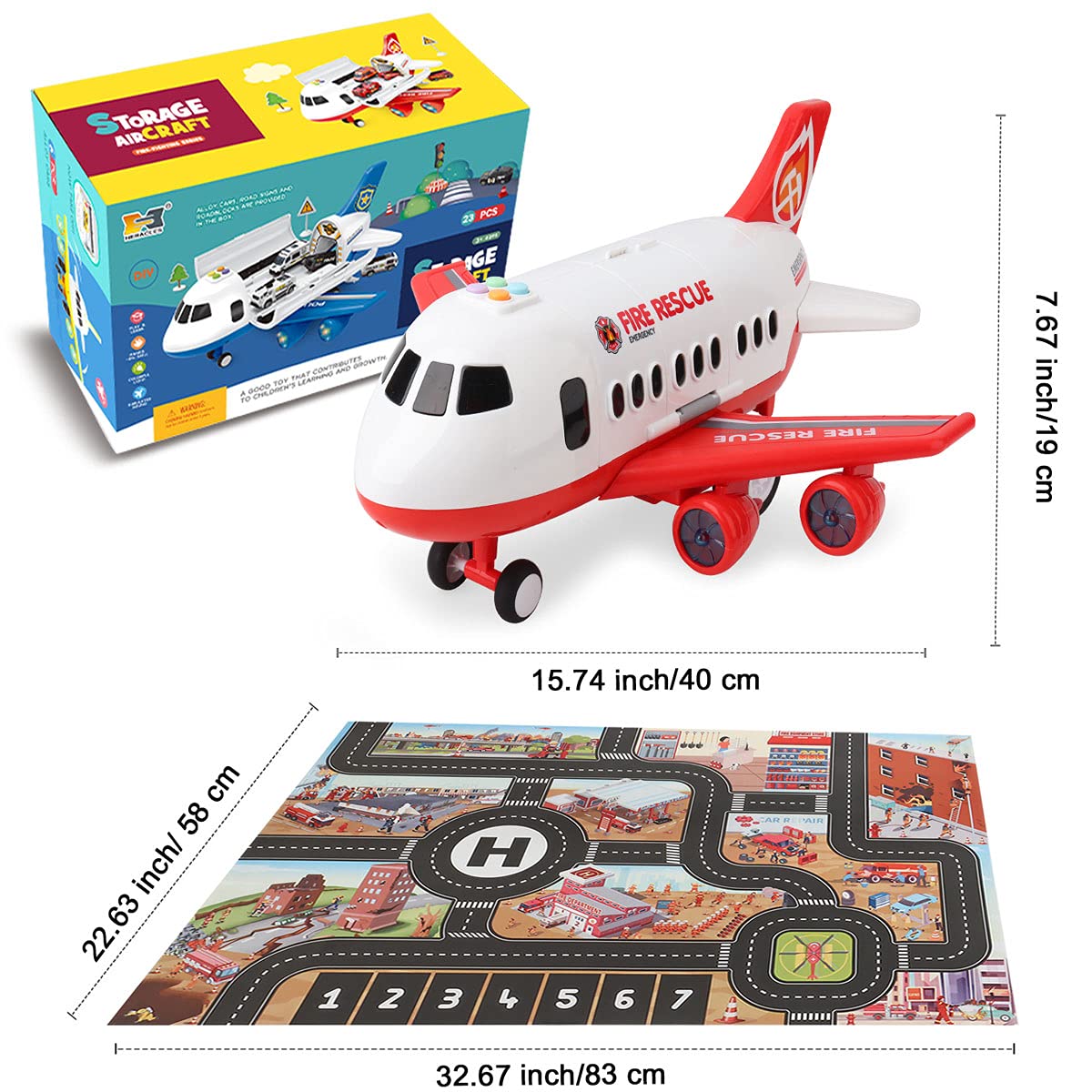 Dwi Dowellin Airplane Toy Playset with Fire Trucks, Lights & Sounds – 3+ Years