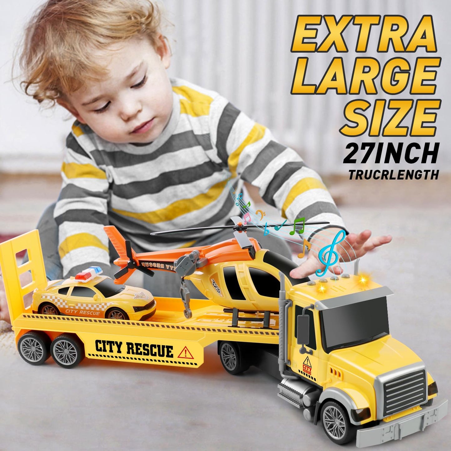 Dwi Dowellin 27-Inch Friction Tow Truck Toy with Car & Helicopter | Large Semi Truck Playset