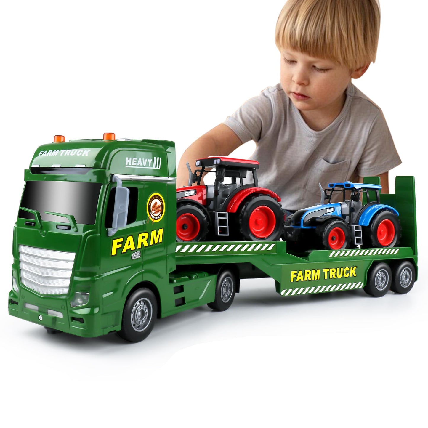 Dwi Dowellin Large Flatbed Semi Truck Toy – 3-in-1 Farm Vehicles for Kids 1–6