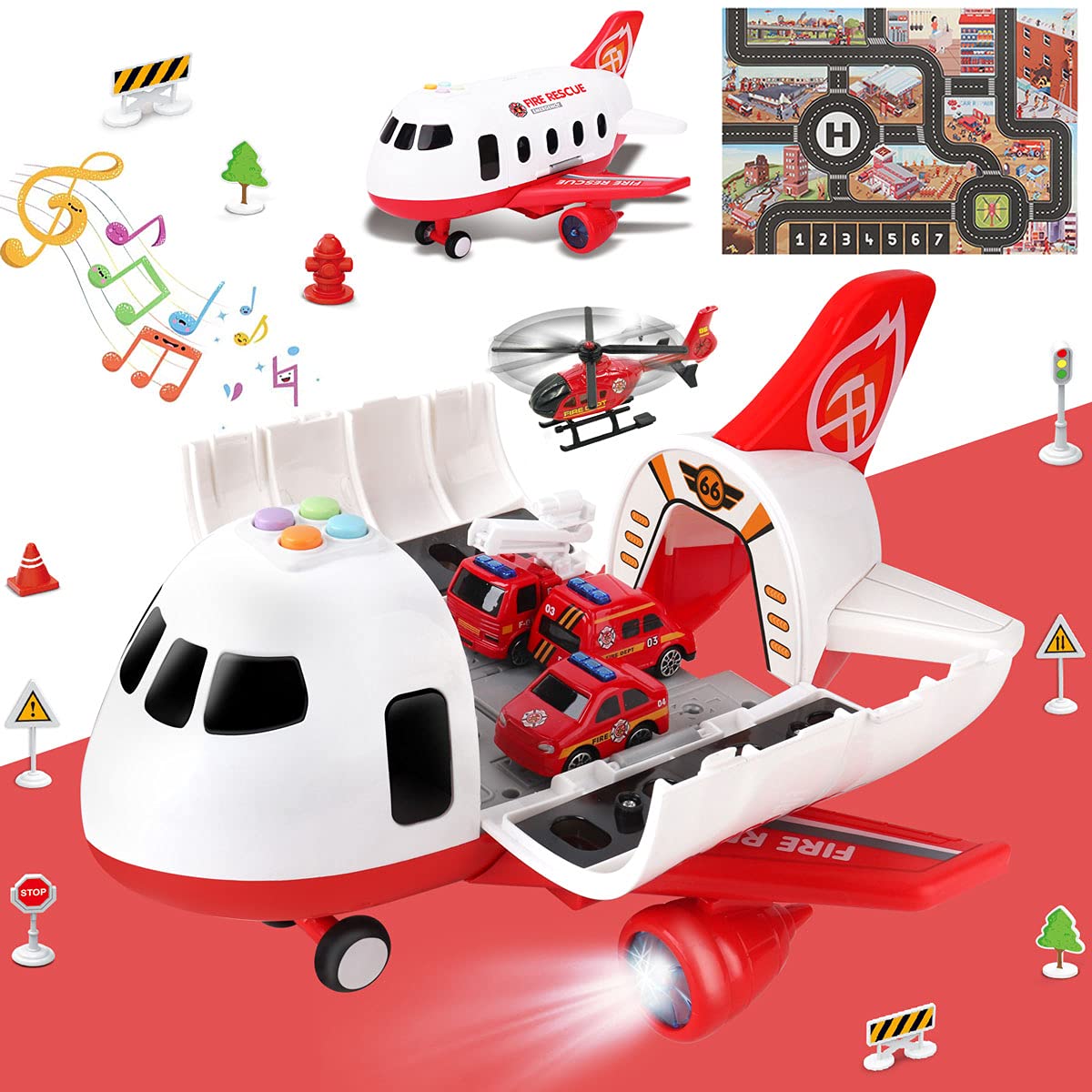 Dwi Dowellin Airplane Toys with Fire Trucks – Light Up Plane, Sounds & Play Mat (Ages 3–6)