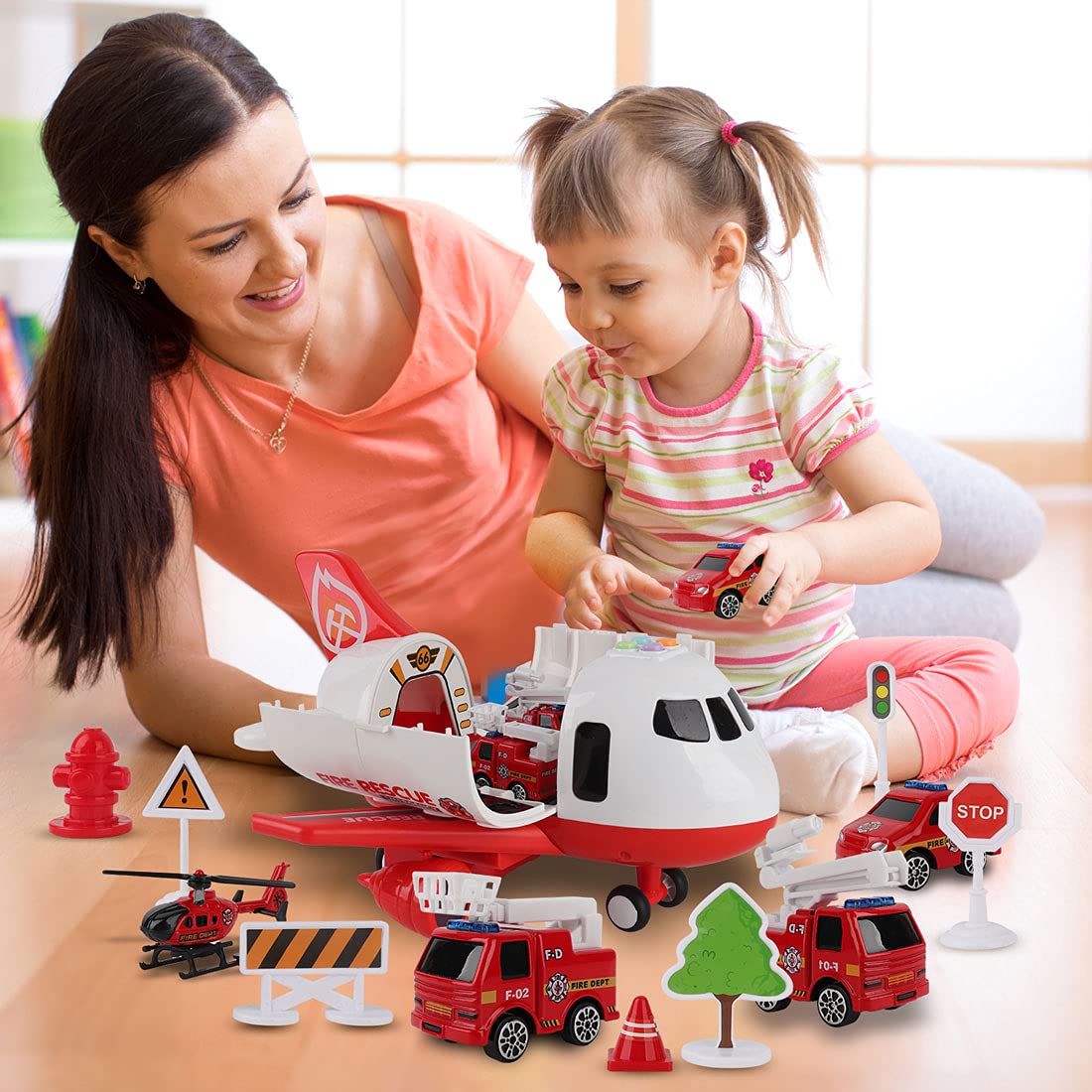 Dwi Dowellin Airplane Toys with Fire Trucks – Light Up Plane, Sounds & Play Mat (Ages 3–6)