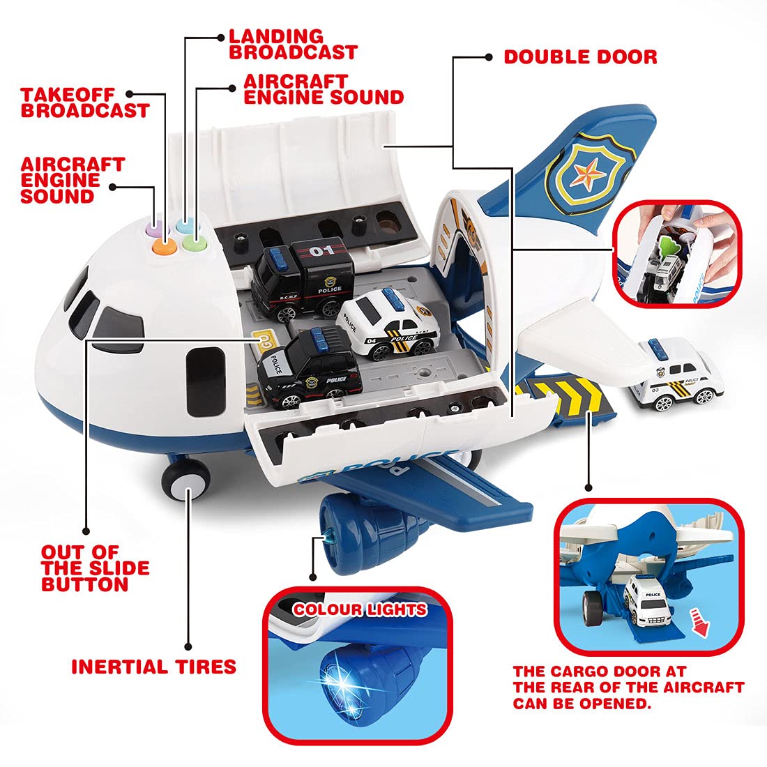 Dwi Dowellin 5-in-1 Airplane Toys with Light & Sound | Police Car Toys & Activity Mat for Kids 3-6
