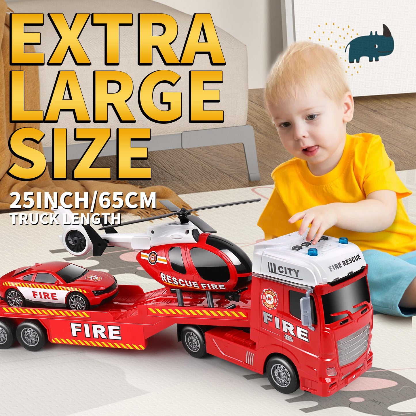 Dwi Dowellin 25.6-inch Semi Truck Toy – 3-in-1 with Helicopter & Racing Car for Kids 1-6