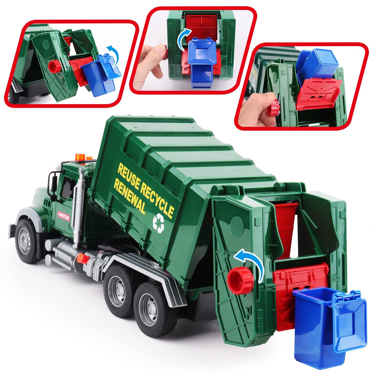 Dwi Dowellin 15-inch Friction Garbage Truck Toy – Lights & Sounds, 3 Rear Loaders, Gift for Ages 3+