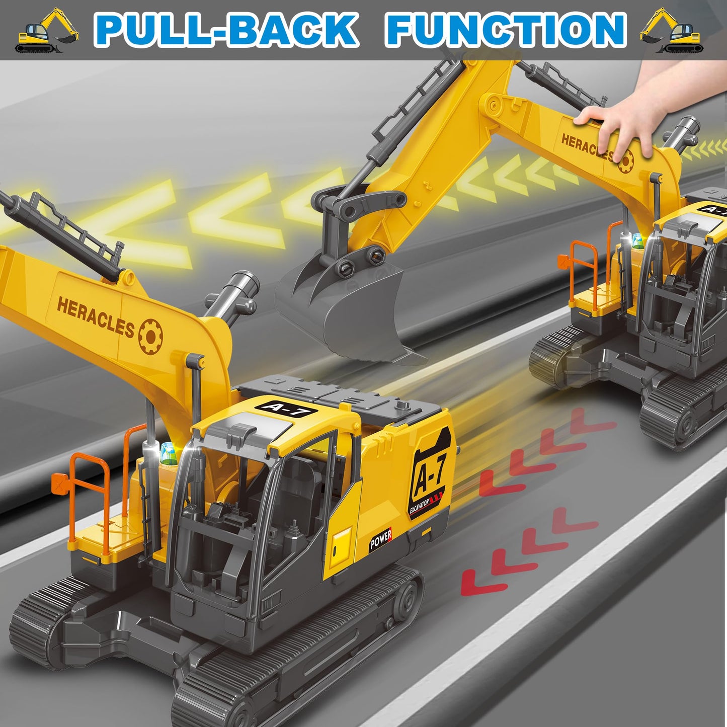 Dwi Dowellin Excavator Toy Set – 6 Metal Racing Cars, 2 Engineering Vehicles, Foldable Ejection Vehicle with Lights & Sound
