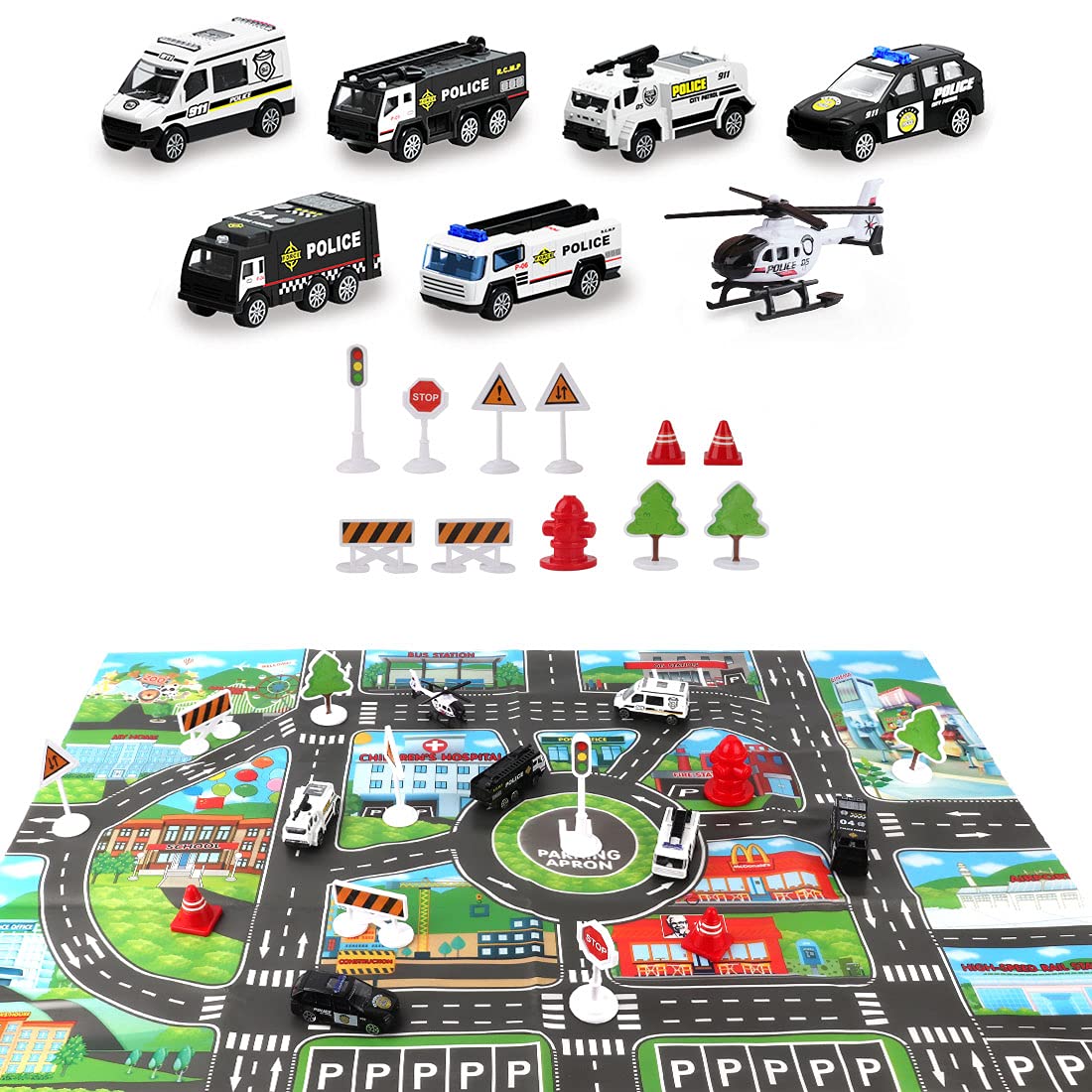 Dwi Dowellin 20-in-1 Toddler Car Toy Set: Police Cars, Carrier Plane & Play Mat