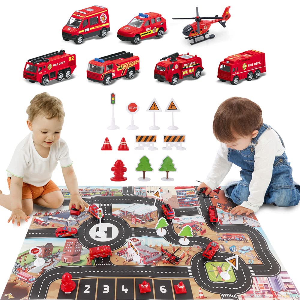 Dwi Dowellin Airplane Toy Playset with Fire Trucks, Lights & Sounds – 3+ Years