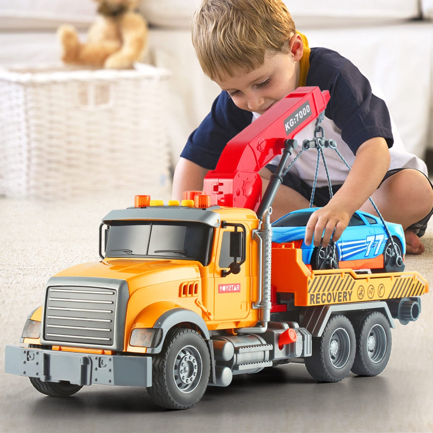 Dwi Dowellin 15-Inch Friction-Powered Tow Truck Toy with Roadster – Lights & Sounds for Kids 3-7