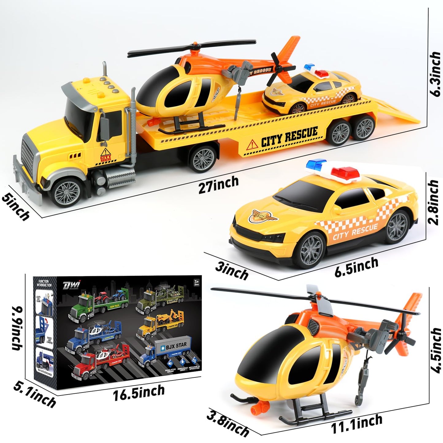 Dwi Dowellin 27-Inch Friction Tow Truck Toy with Car & Helicopter | Large Semi Truck Playset