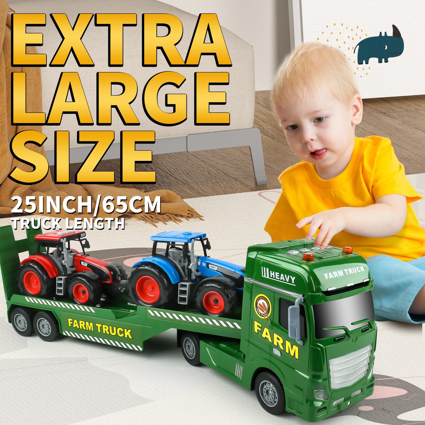 Dwi Dowellin Large Flatbed Semi Truck Toy – 3-in-1 Farm Vehicles for Kids 1–6