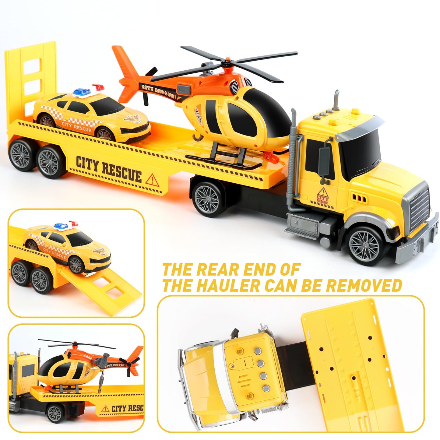 Dwi Dowellin 27-Inch Friction Tow Truck Toy with Car & Helicopter | Large Semi Truck Playset