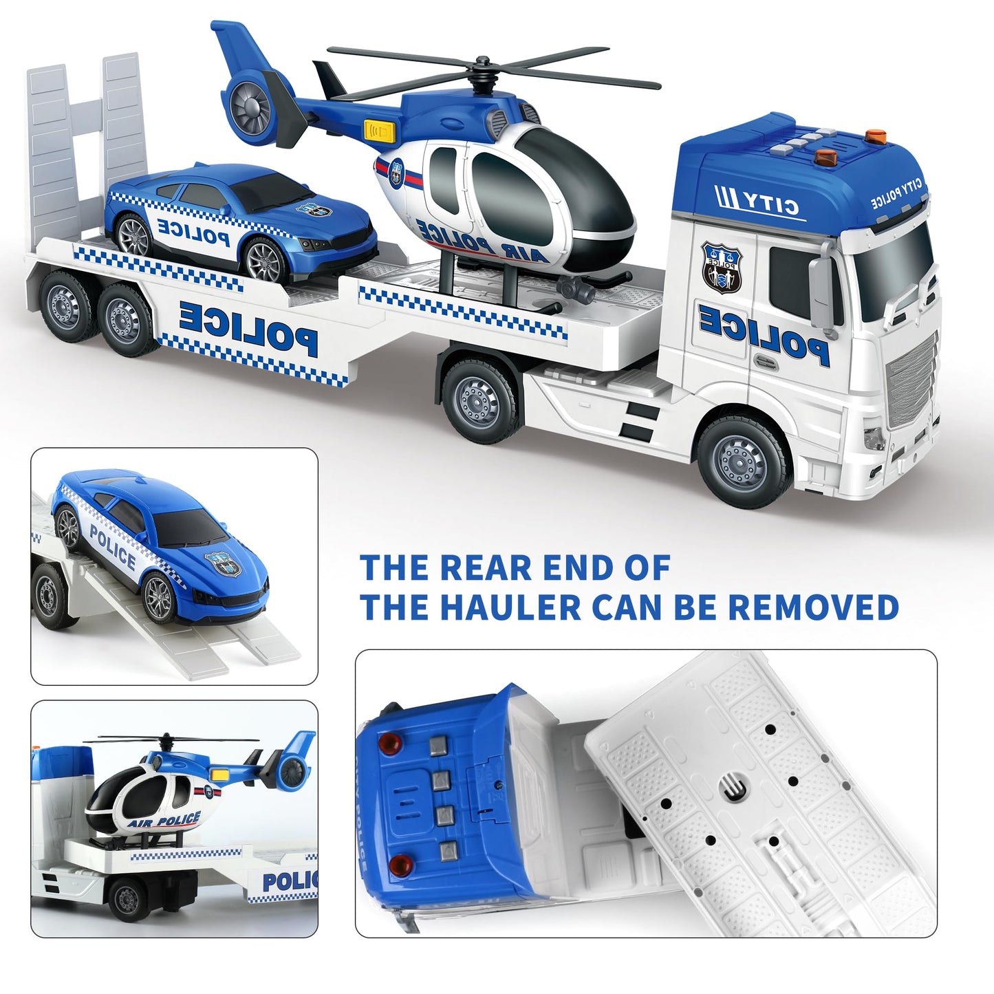 Dwi Dowellin 3-in-1 Toddler Police Truck Set – 25" Semi Truck with Helicopter & Racing Car for Ages 2-6