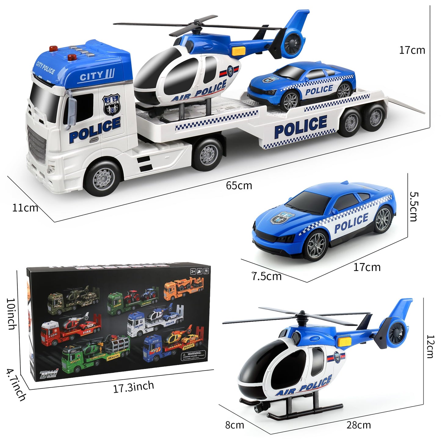 Dwi Dowellin 3-in-1 Toddler Police Truck Set – 25" Semi Truck with Helicopter & Racing Car for Ages 2-6