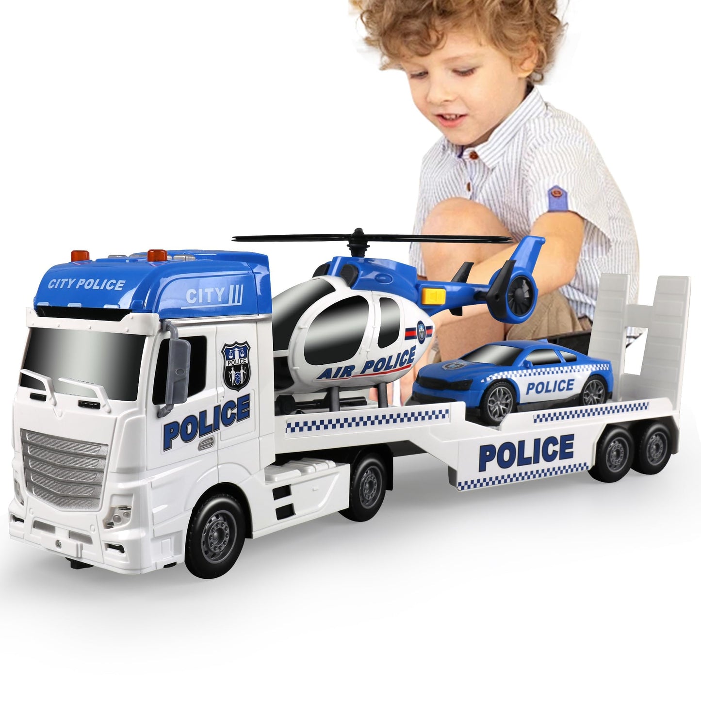 Dwi Dowellin 3-in-1 Toddler Police Truck Set – 25" Semi Truck with Helicopter & Racing Car for Ages 2-6