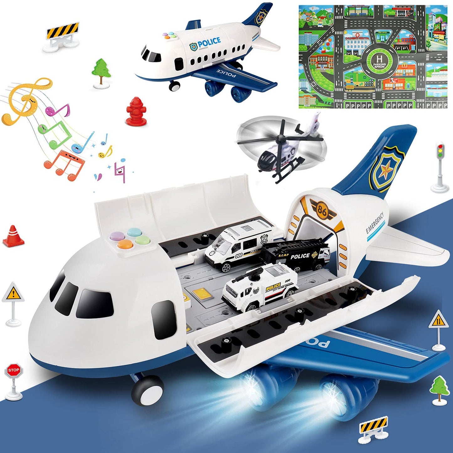 Dwi Dowellin 20-in-1 Toddler Car Toy Set: Police Cars, Carrier Plane & Play Mat