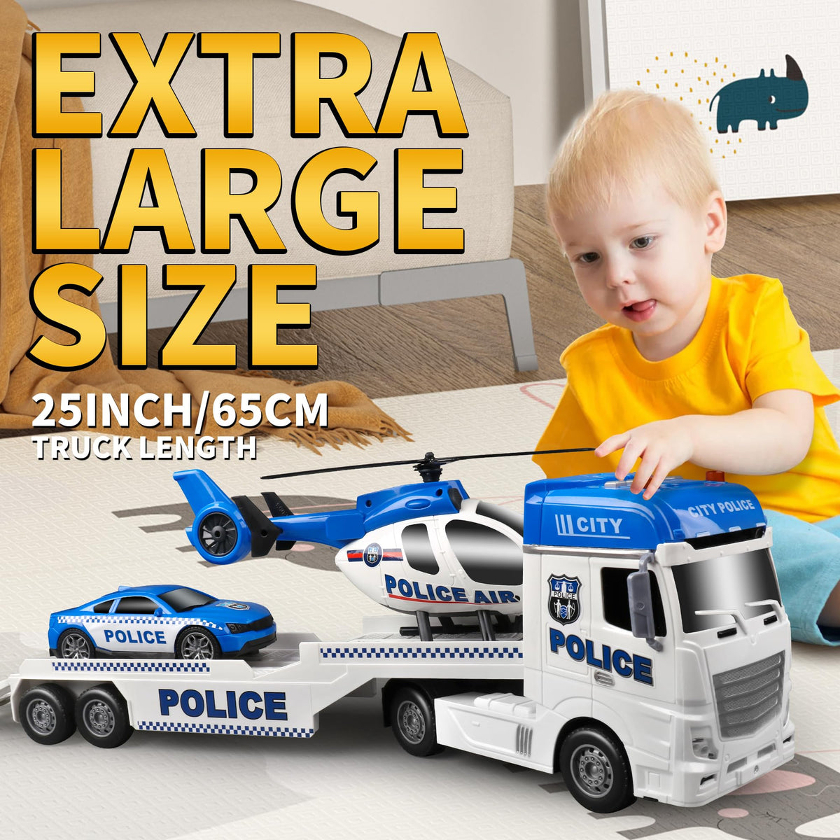 Dwi Dowellin 3-in-1 Toddler Police Truck Set – 25" Semi Truck with Helicopter & Racing Car for Ages 2-6
