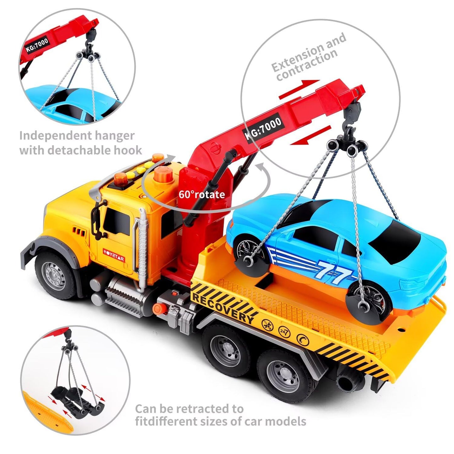 Dwi Dowellin 15-Inch Friction-Powered Tow Truck Toy with Roadster – Lights & Sounds for Kids 3-7