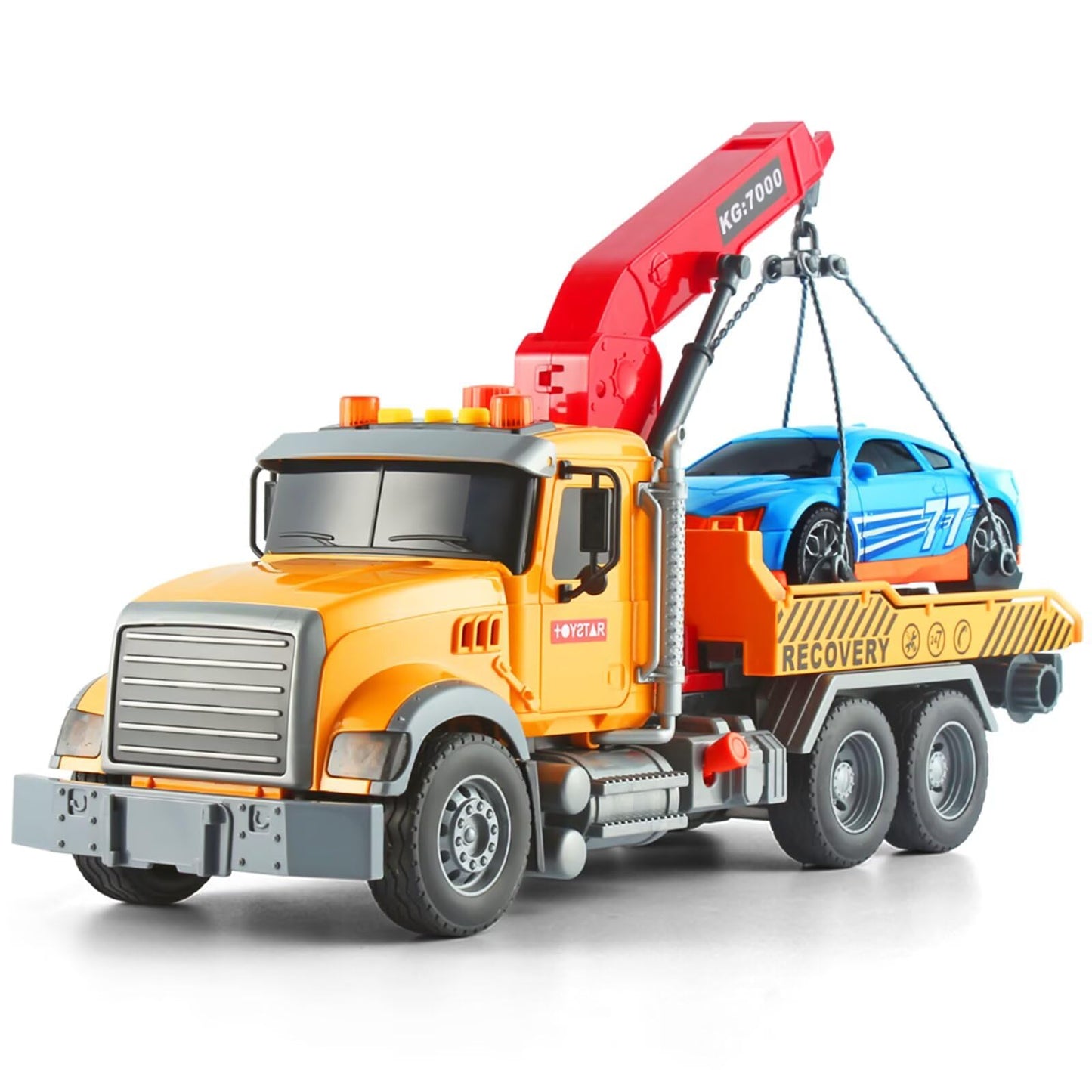 Dwi Dowellin 15-Inch Friction-Powered Tow Truck Toy with Roadster – Lights & Sounds for Kids 3-7