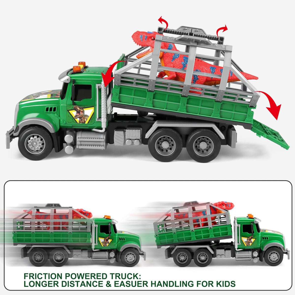 Dwi Dowellin Toy Truck Carrier with Dinosaur – Friction-Powered Kids Truck for 3-6 Year Olds