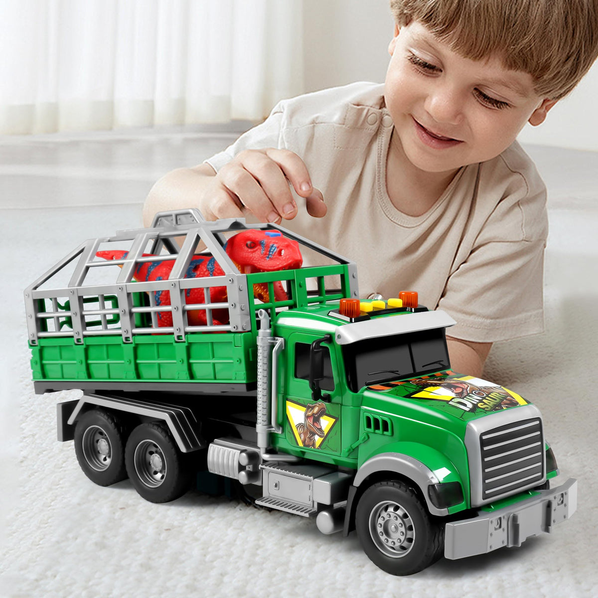 Dwi Dowellin Toy Truck Carrier with Dinosaur – Friction-Powered Kids Truck for 3-6 Year Olds