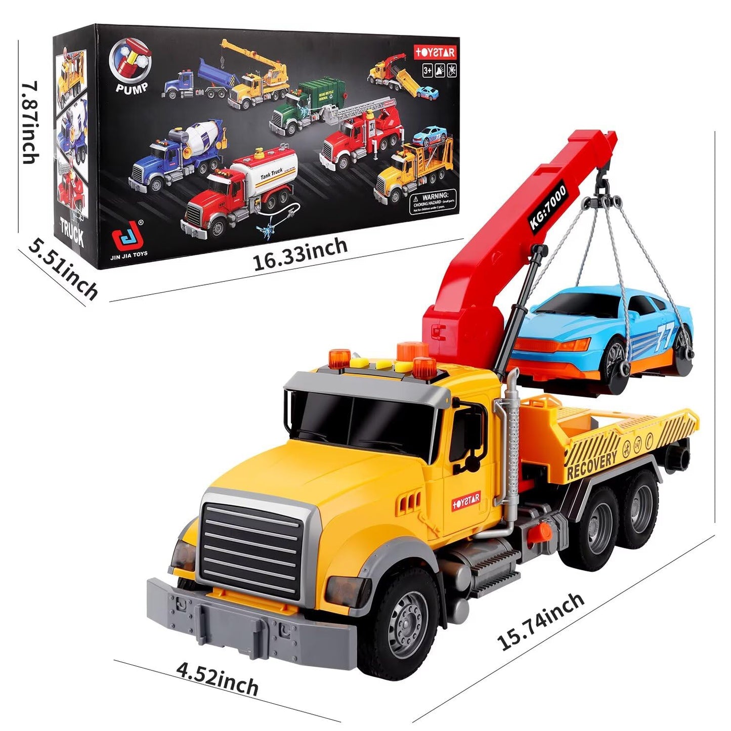Dwi Dowellin 15-Inch Friction-Powered Tow Truck Toy with Roadster – Lights & Sounds for Kids 3-7