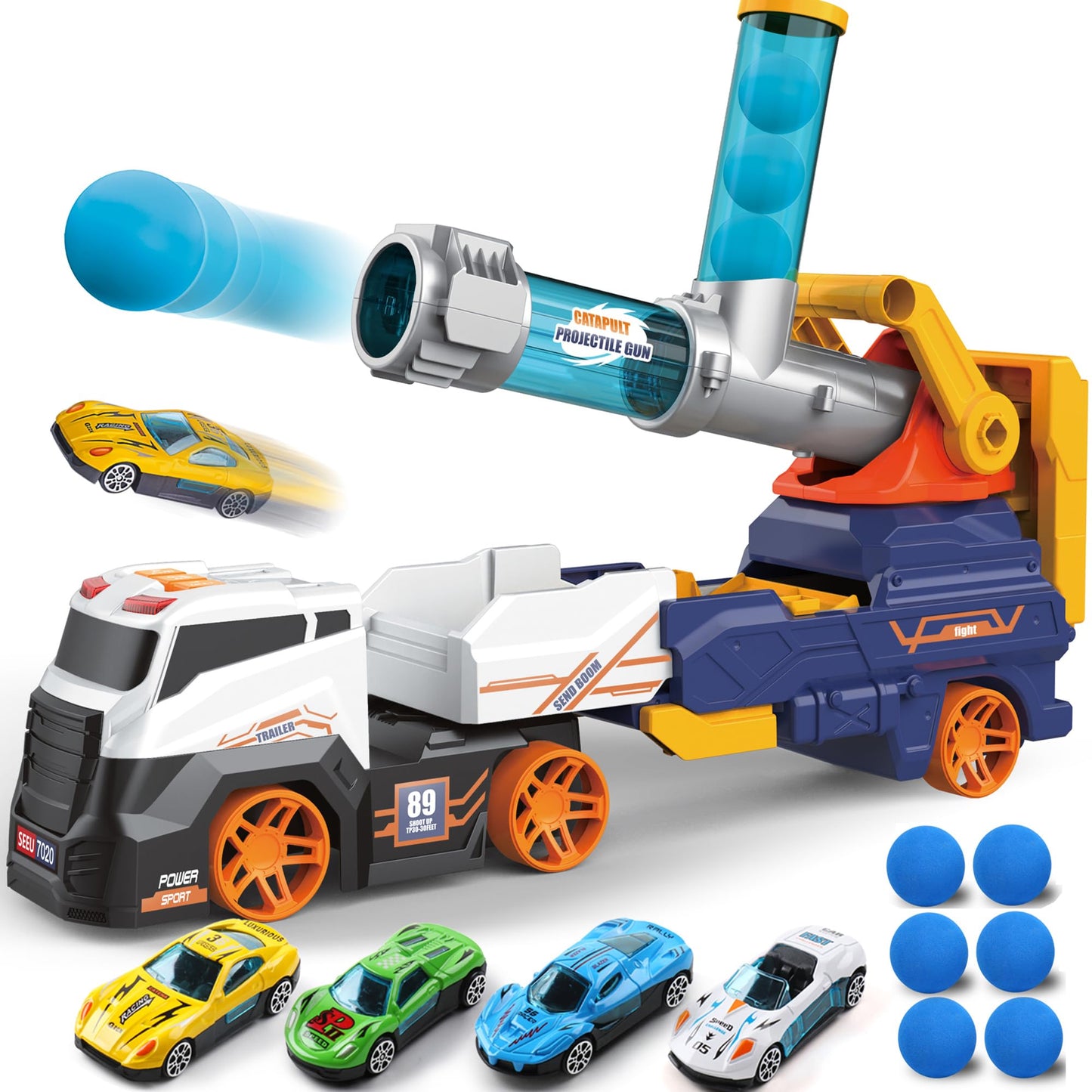Dwi Dowellin Truck Toys – 28" Large Ejection Transport Truck with 4 Race Cars, 6 Foam Balls, Light & Sounds