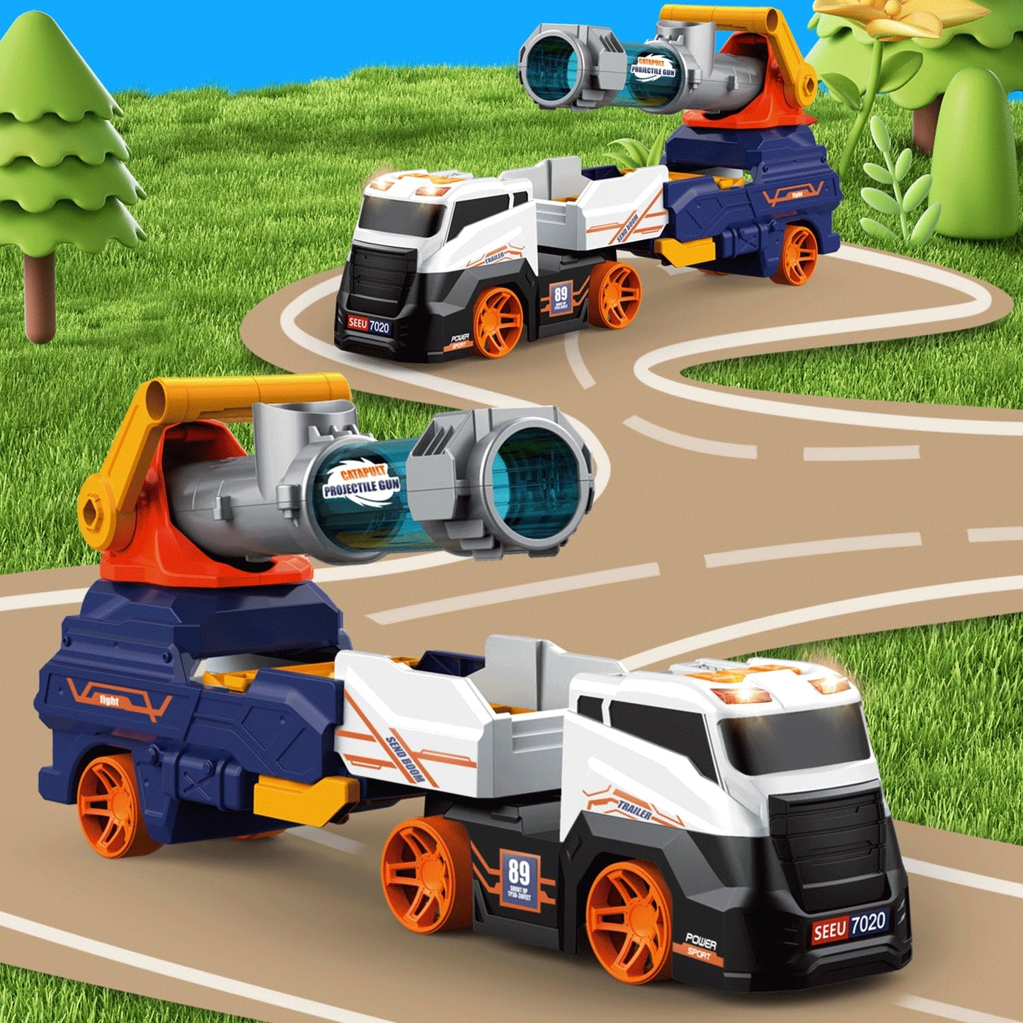 Dwi Dowellin Truck Toys – 28" Large Ejection Transport Truck with 4 Race Cars, 6 Foam Balls, Light & Sounds