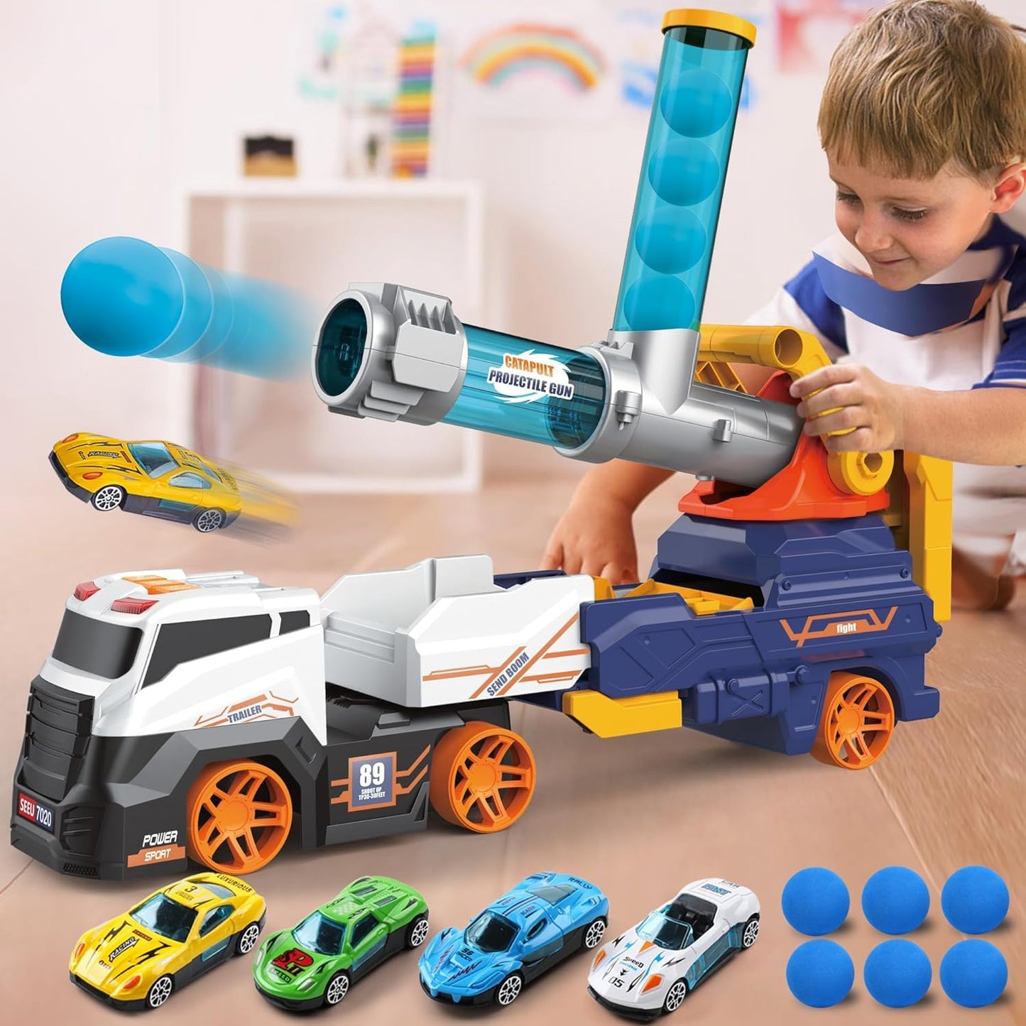 Dwi Dowellin Truck Toys – 28" Large Ejection Transport Truck with 4 Race Cars, 6 Foam Balls, Light & Sounds