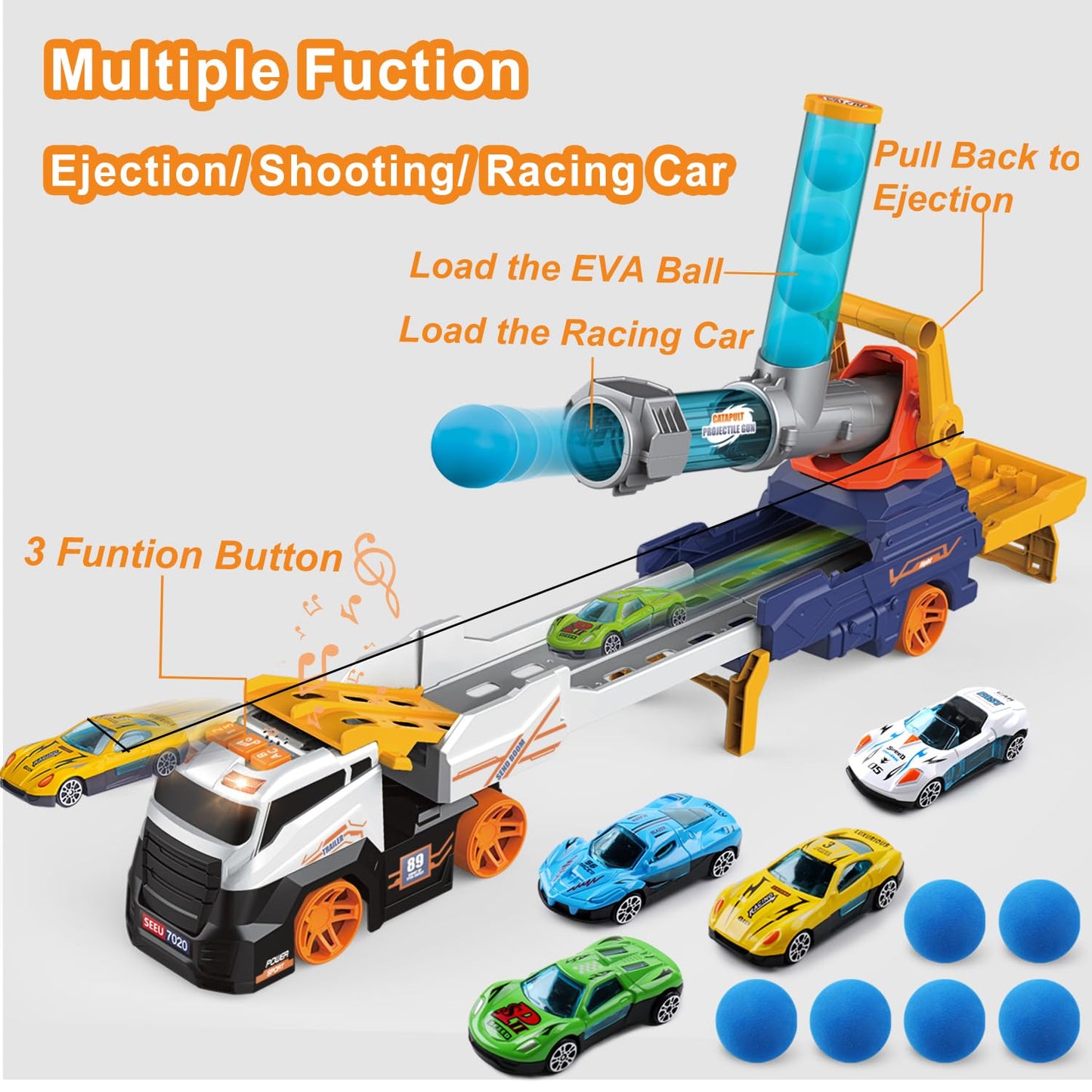 Dwi Dowellin Truck Toys – 28" Large Ejection Transport Truck with 4 Race Cars, 6 Foam Balls, Light & Sounds