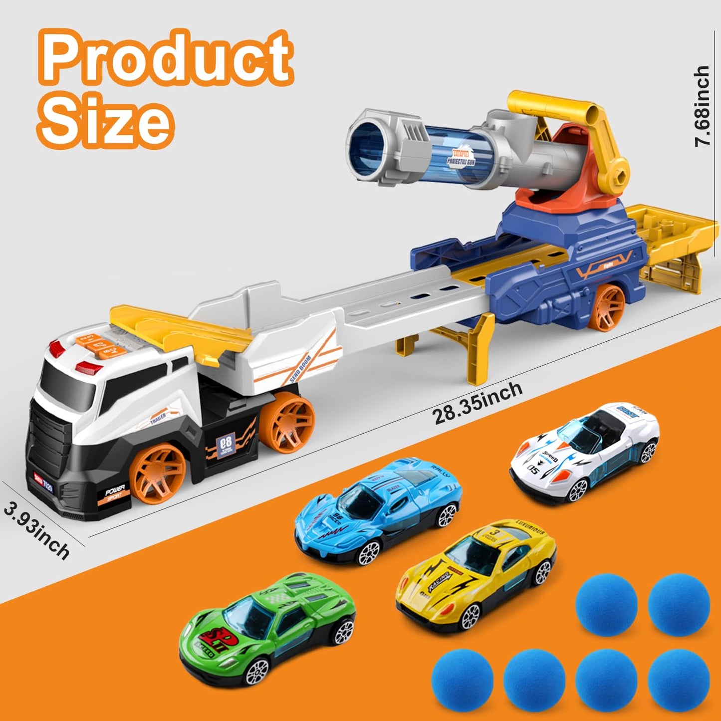 Dwi Dowellin Truck Toys – 28" Large Ejection Transport Truck with 4 Race Cars, 6 Foam Balls, Light & Sounds