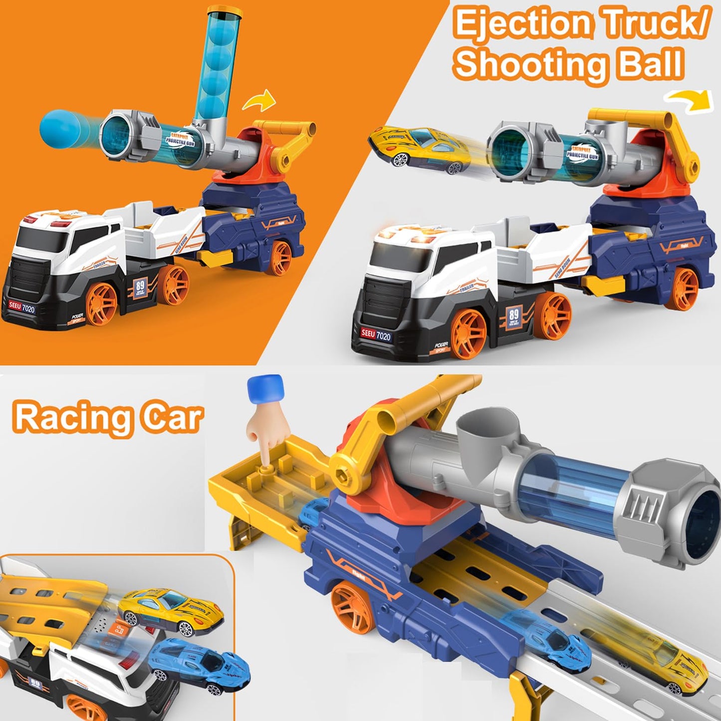 Dwi Dowellin Truck Toys – 28" Large Ejection Transport Truck with 4 Race Cars, 6 Foam Balls, Light & Sounds