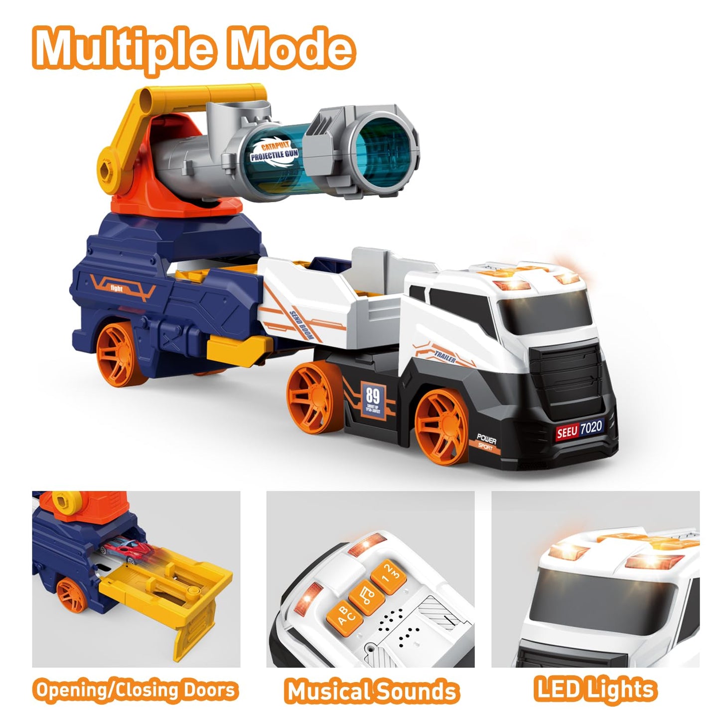 Dwi Dowellin Truck Toys – 28" Large Ejection Transport Truck with 4 Race Cars, 6 Foam Balls, Light & Sounds
